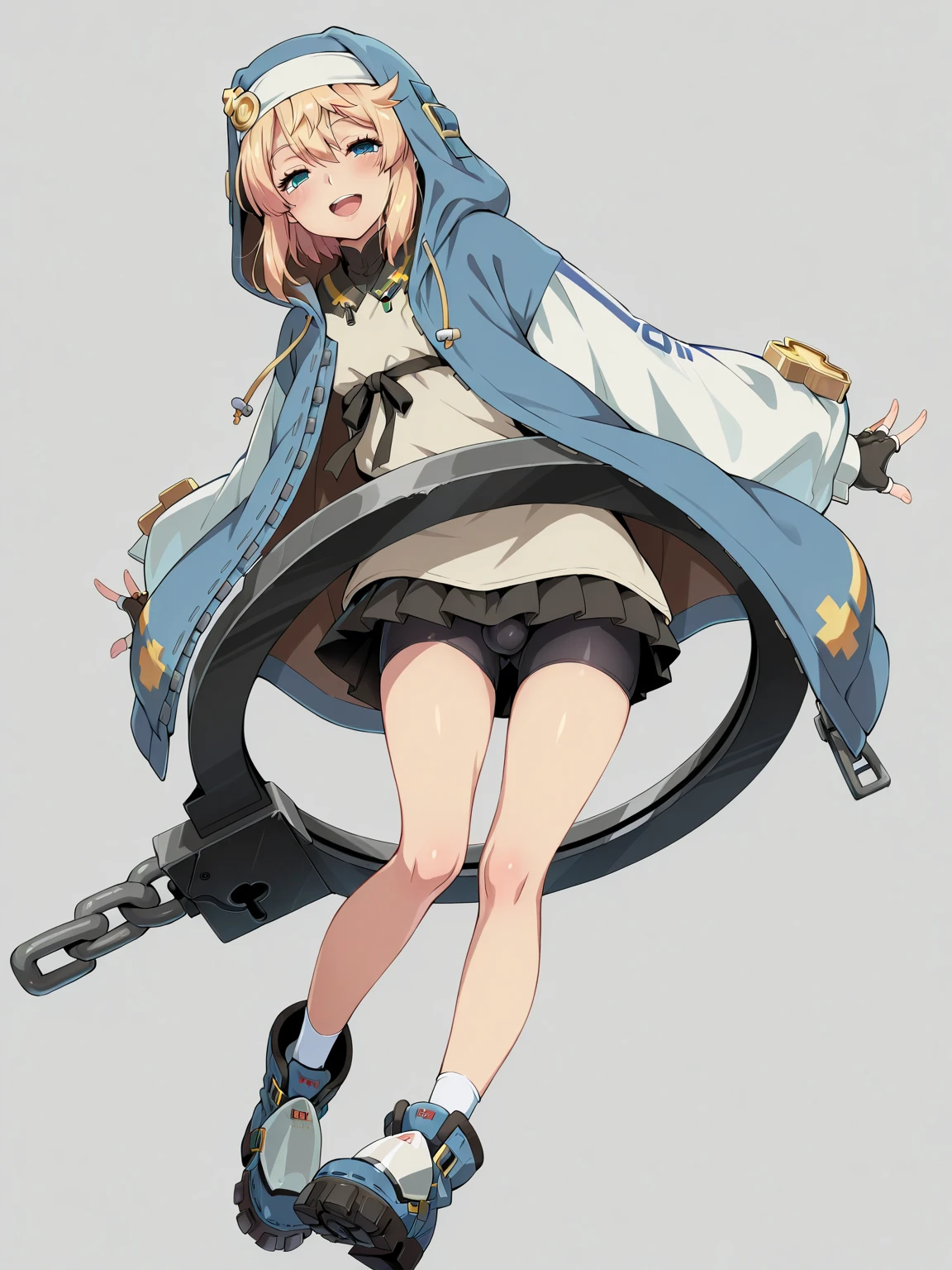 (masterpiece, Highest quality:1.2), alone, One girl, Gusbridget, smile, View your viewers, Put your hands in your pockets, Hooded jacket, Long sleeve, Black gloves, Fingerless gloves, skirt, Bike Shorts, (testis:1.2)