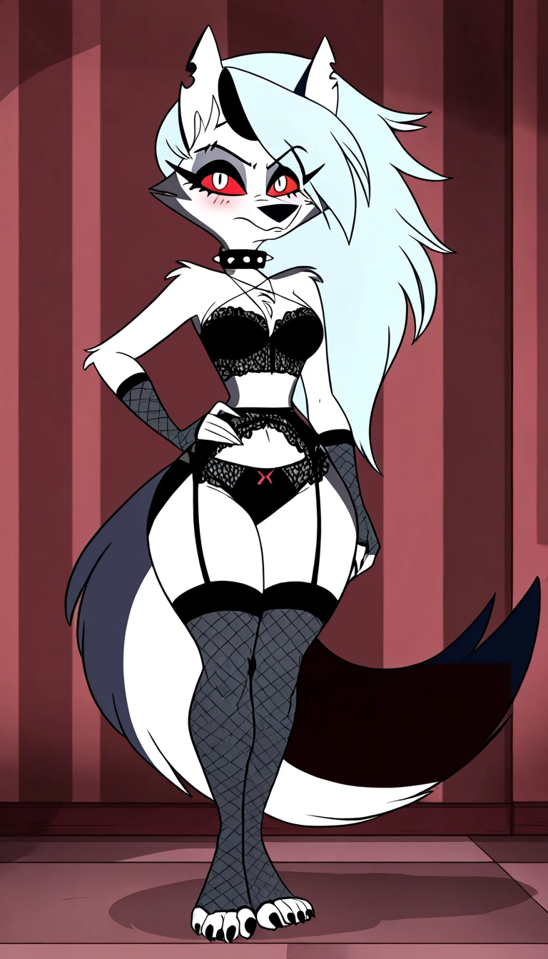 Art helluva boss,furry Masculine,feminine body,sexy body,Fat legs,husky,black and white fur color,beauty,black and red hair color,Red eyes,Blushed,Arm warmers,Penis inside clothes,Virility in clothes,Black panties,sexy long socks,Facing,Apartment cartoon scenery.