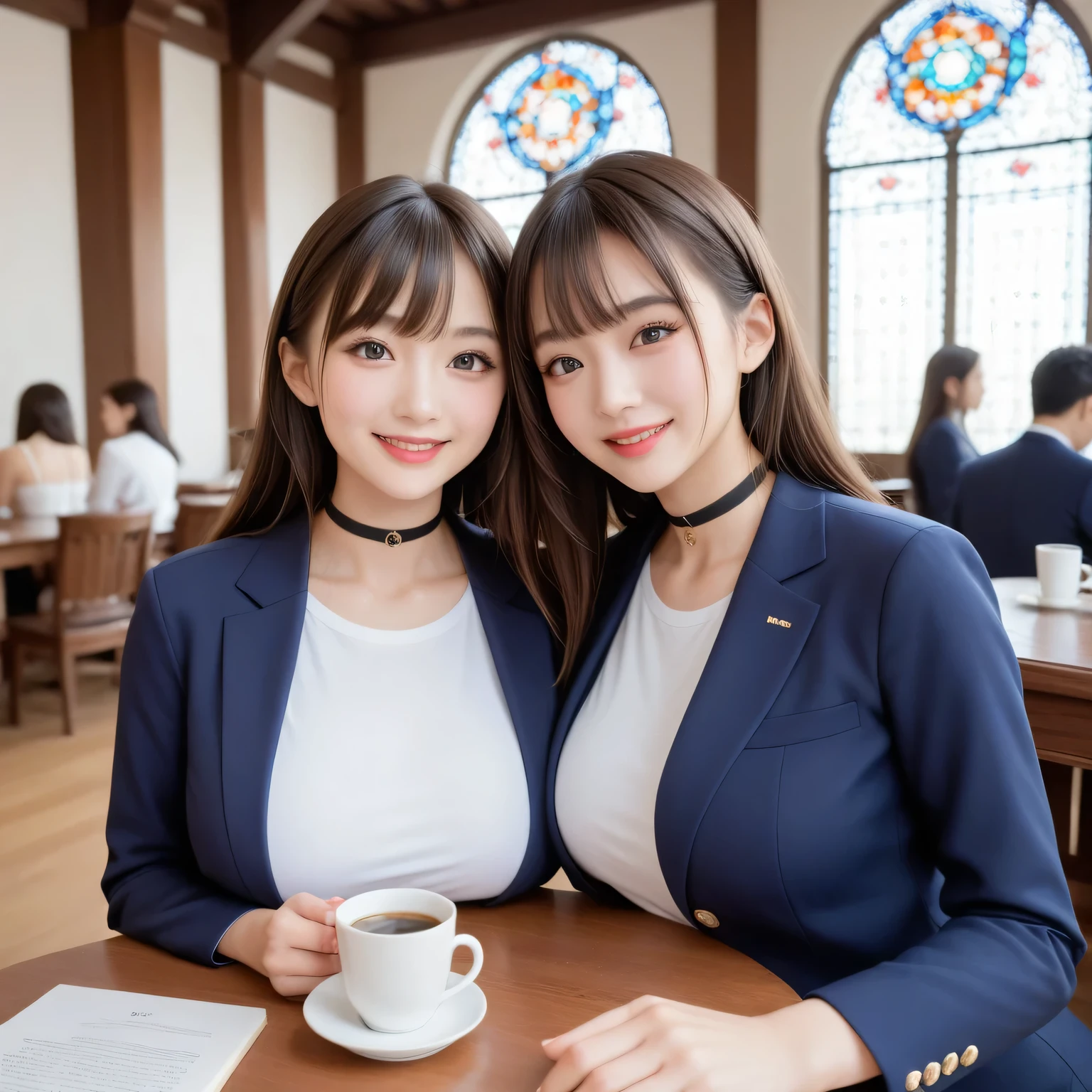 score_9, score_8, score_8up score_7, best quality、 Masterpiece 、group、( white tight shirt、Navy Blazer)), 20 big breasts from the temple , (( Layered Haircut )), slender body, Slim face(8k, best quality), shot from medium distance with décolletage , adorable, smile, Long Brown Hair , 32K, Masterpiece Highest image quality, super high resolution, perfect hands, black choker、 ALMOND EYE、bangs、 very thick and long eyelashes, Completely-valid , pink lipstick、 There is a table in the center of the meeting room ., Two women are seated on either side of him , .、 discussing over coffee 、 machine、