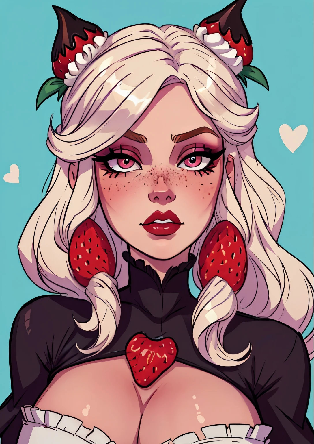 masterpiece, best quality, 1female, beautiful, face portrait, deep makeup, 1girl, face focus, makeup, white hair, eyeliner, exaggerated makeup, very wavy hair, strawberry hair ornament, sugar rush evelynn, Chantilly cream hair, brilliant eyes, sweet, goth, freckles
