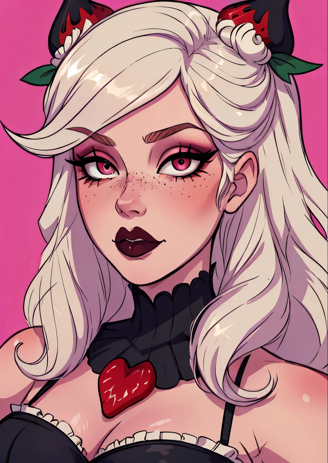 masterpiece, best quality, 1female, beautiful, face portrait, deep makeup, 1girl, face focus, makeup, white hair, eyeliner, exaggerated makeup, very wavy hair, strawberry hair ornament, sugar rush evelynn, Chantilly cream hair, brilliant eyes, sweet, goth, freckles