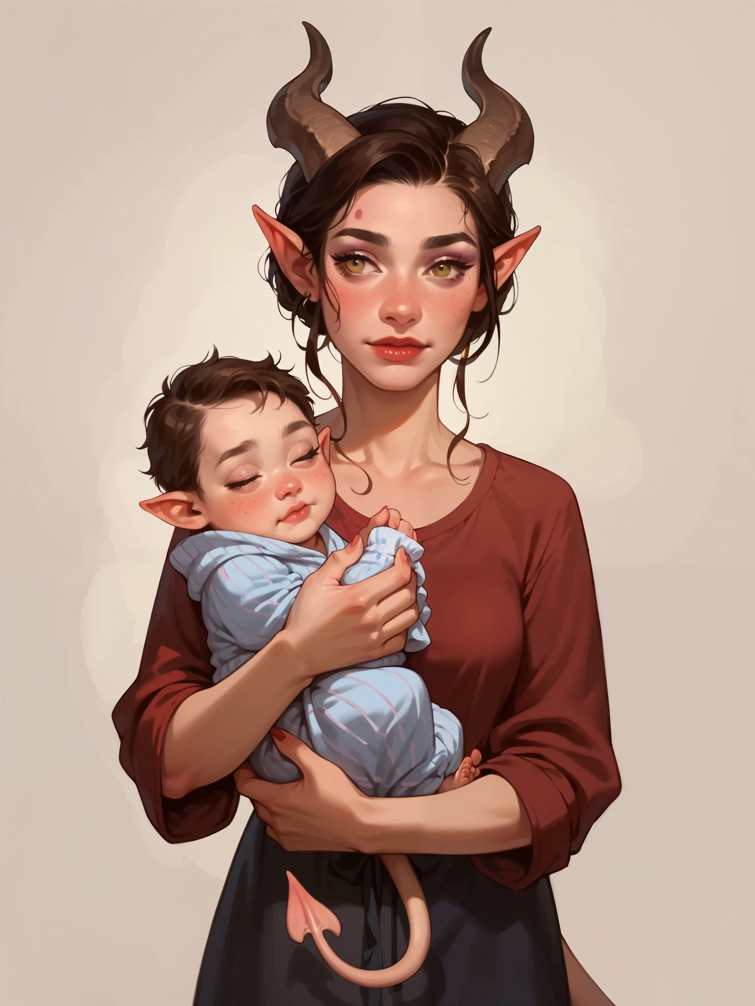 score_9, score_8_up, score_7_up, score_6_up, sw4p, 1girl, Tiefling woman holding a , mother and , tiefling horns, tiefling tail, simple background, elixolsn, motherhood, tender scene