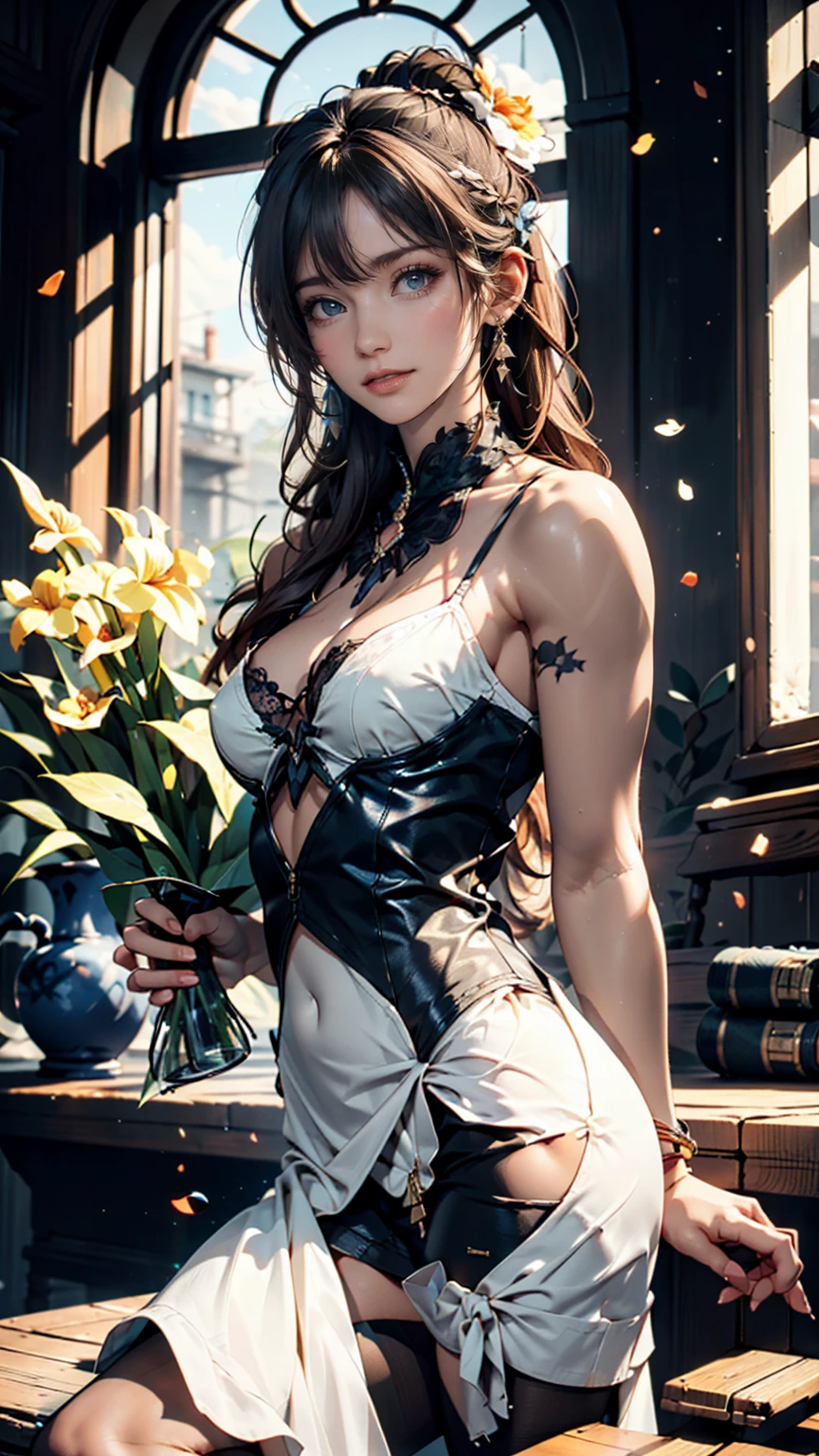 realistic, natural light, photo, Braid hair with bun, portrait, beautiful model, white shirt Unbuttoned, Stunning beautiful (face visible Through her opened Crotch and Cleavage:1.6), (from below From floor level:1.4) full of Flowers filled with flowers Overflowing flowers