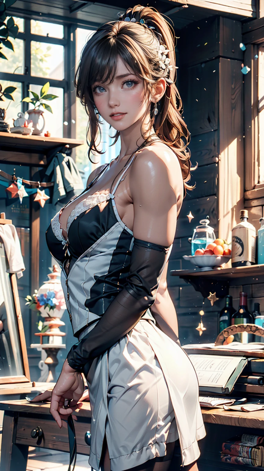 masterpiece, Highest quality, alone, One girl, Orange Hair, Blue Hair, :is, Orange Dress, View your viewers, Outdoor, sand, sand dunes, Huge castle, Crown, Are standing, whole body, Cowboy Shot, Hands on hips, 、24-year-old woman、Sexy proportionature female body、Sexy proportionakeup、Textured skin((textured skin))、smile、Narrow waist、Inner Color((colored inner hair))、Shortcuts((short hair))、Background blur((depth of field))、Aerial perspective((atmospheric perspective))