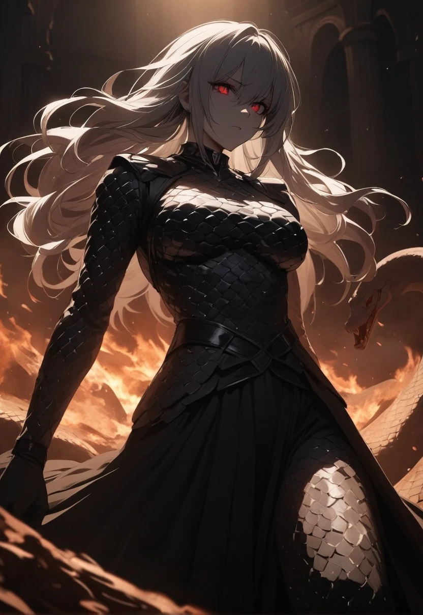 A woman in a black dress standing in front of a fire - SeaArt AI