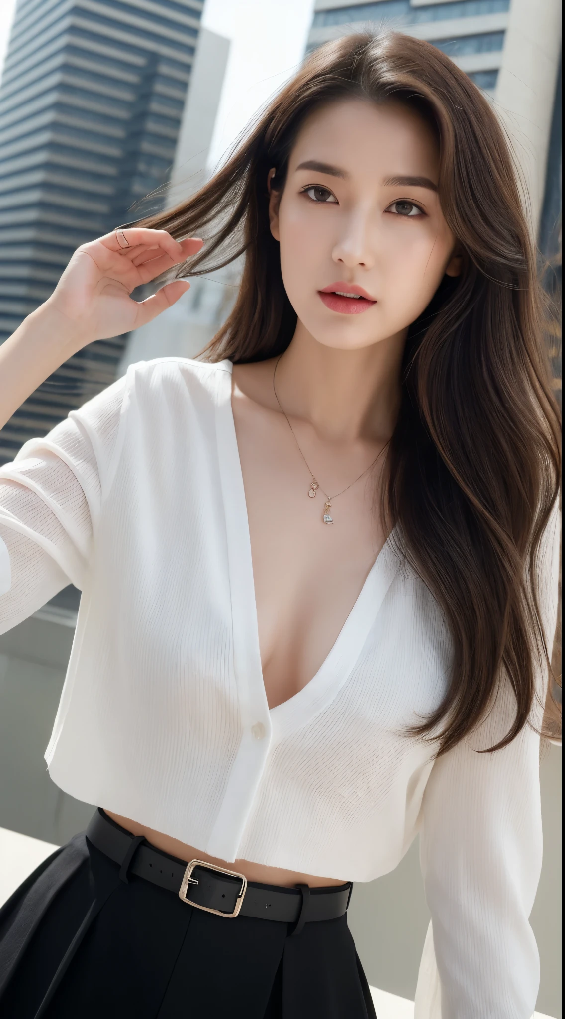 absurdres, RAW photo, extremely delicate and beautiful, masterpiece, Best Quality, ultra high resolution, 32k, hyperrealistic, ultra-detailed, in her 20s, delicate facial features, tearful mole, earring, medium breasts, full body shot, shorter middle hair, black hair, summer school_uniform,