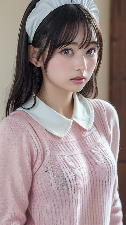 (8k, RAW Photos,highest quality, High resolution:1.1), (Ultra-realistic:1.4),(Realistic, Realistic:1.3),The Beauty of Japan、Rhythmic gymnastics club、Rhythmic Gymnastics Uniform、((Upper Body:1.3)),Maid Cafe、((Maid:1.3)),(Pink knitted sweater:1.3),look up、Shooting from the sky、