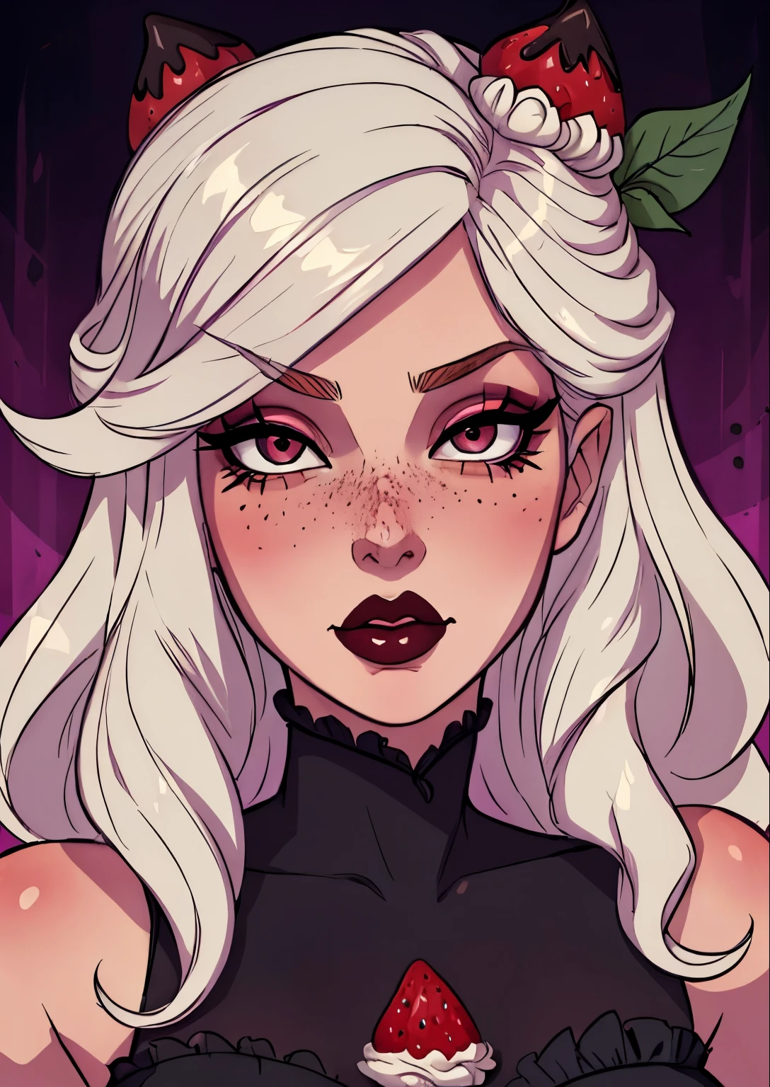 masterpiece, best quality, 1female, beautiful, face portrait, deep makeup, 1girl, face focus, makeup, white hair, eyeliner, exaggerated makeup, very wavy hair, strawberry hair ornament, sugar rush evelynn, Chantilly cream hair, brilliant eyes, sweet, goth, freckles