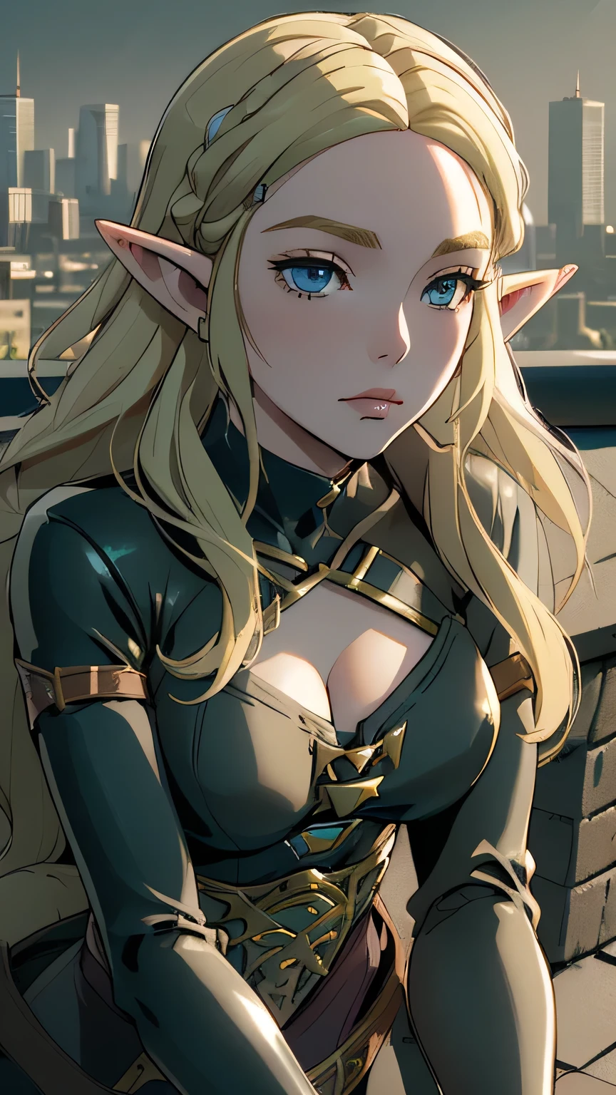 (Highest quality:1.2, Very detailed, up to date, Vibrant, Ultra-high resolution, High Contrast, masterpiece:1.2, Best aesthetics), (((1 person, beautiful girl))), Fantasy art, black leather armor, Breast Armor, Showing off cleavage, Blonde, Long Hair, ((Jumped to one side, Different hair colors on the left and right)), Gentle smile, Beautiful eyelashes, Beautiful green eyes, Black choker, ((Elf Ears, Long ears)), Face Close Up, Chiaroscuro, Random Pause, Sexy pose.