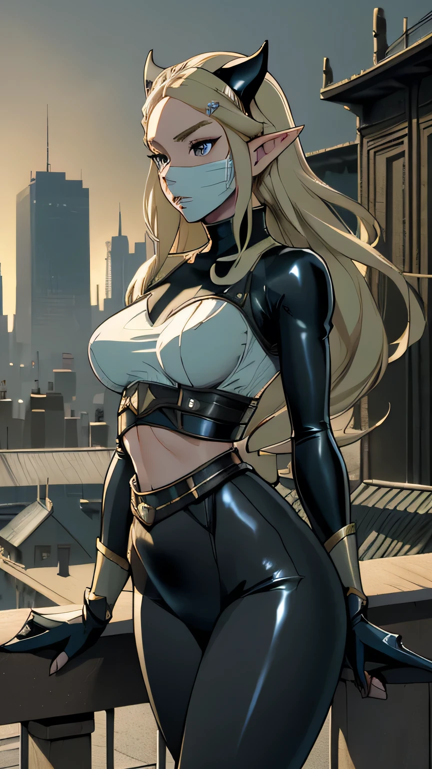 Highest image quality, outstanding details, ultra-high resolution, (realism: 1.4), ((close up:0.75)), highly condensed 1 lady, with beautiful and a delicate face, perfect proportion, aiming the viewer, ((aiming the viewer)), (chubby:0.3, small breasts), (cloths color base ratio black:0.4 white:0.5 other-color:0.1), (wearing rash-guard likes police uniform, black and gray mecha, wearing futuristic-full-face-mask, military harness, holding hich-tech-flamethrower -tank on back), background simple grey wall,