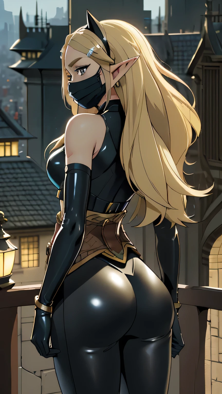 chica rubia con una capucha, ninja, sexy traje ajustado, mirada perdida, soledad, ventana, mirando a la ventana,