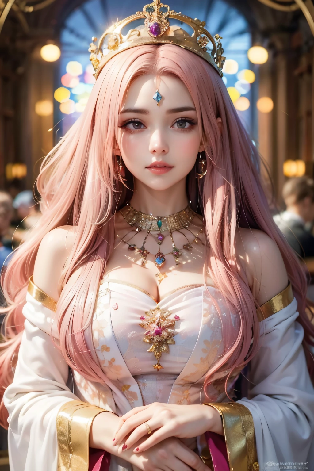 ((Highest quality)), ((masterpiece)), (detailed), Perfect Face, Spiritual Goddess, Romantic look, Long pink hair, Mysterious look, wonderful aura, Gorgeous upper body, Look even more beautiful, Shiny crowns and decorations, from the front