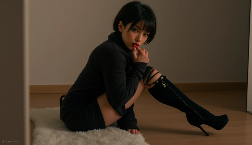 (((8k、High resolution、Highest quality、High resolution)))alone、
Natural body shape、White skin、Natural Makeup、((Black Hair、bangs、Straight Long Hair))、(((Sitting on a chair)))、、(:1.4)、(())、(((((Full body photo)))))、(((Looking into the camera)))、((Ultra-realistic pantyhose)),

(Modern cut high-neck dress with abstract Art Nouveau print in monochrome:1.4), accessorized with (minimalist geometric silver necklace:1.2), and (stylish matte black stilettos:1.1).

(Dress and pantyhose), (Shot from below:1.8),

