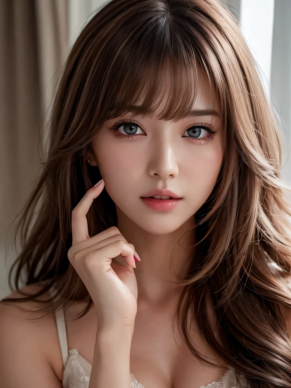 Arafed asian woman with long brown hair and blue eyes - SeaArt AI