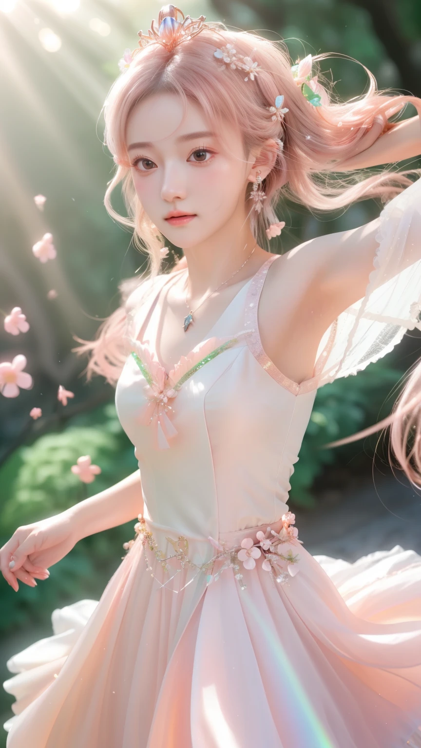 a girl, detailed hair, detailed eyes, shy, facial hair, clover hair ornament, jeweled branch of hourai, jewelry, light blush, light blush, musical note hair ornament, white dress, princess dress, white highlight, glowing light, ray tracing, bloom, chromatic aberration abuse, motion blur, 4K, UHD, masterpiece, dancing poses,