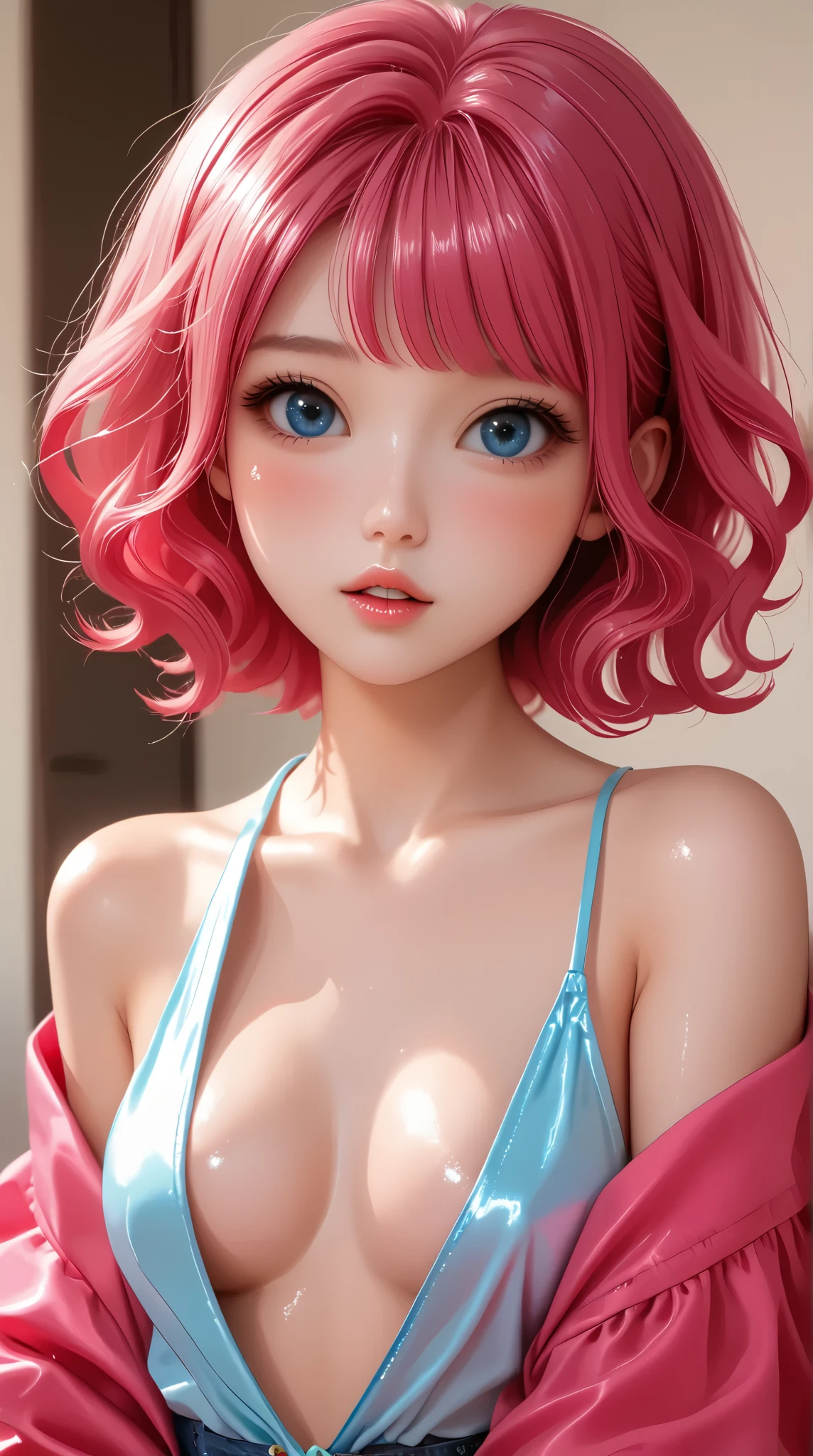 portrait, young asian girl, short bob hairstyle, heavy blushing, parted lips, off the shoulder, plunging neckline, Vitreous luster,((clean backdrop)),(((golds))),((pinks)), Best quality at best,shiny skin, looking at viewer,
