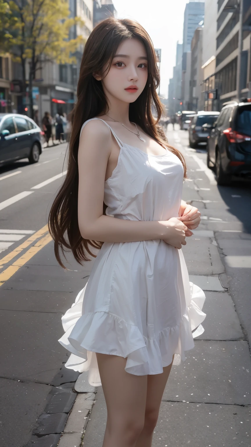 8K, UHD, MAsterpiece, best quality, 1 girl, (realistic face), very long hair, small breasts, street fashion dress, sardine, loops, ipllers, depth of field, light from the front, Light shines into the face, knee short, standing, Arms wrapped around body (self-hug), Face (Excitement, Surprise, Awe)