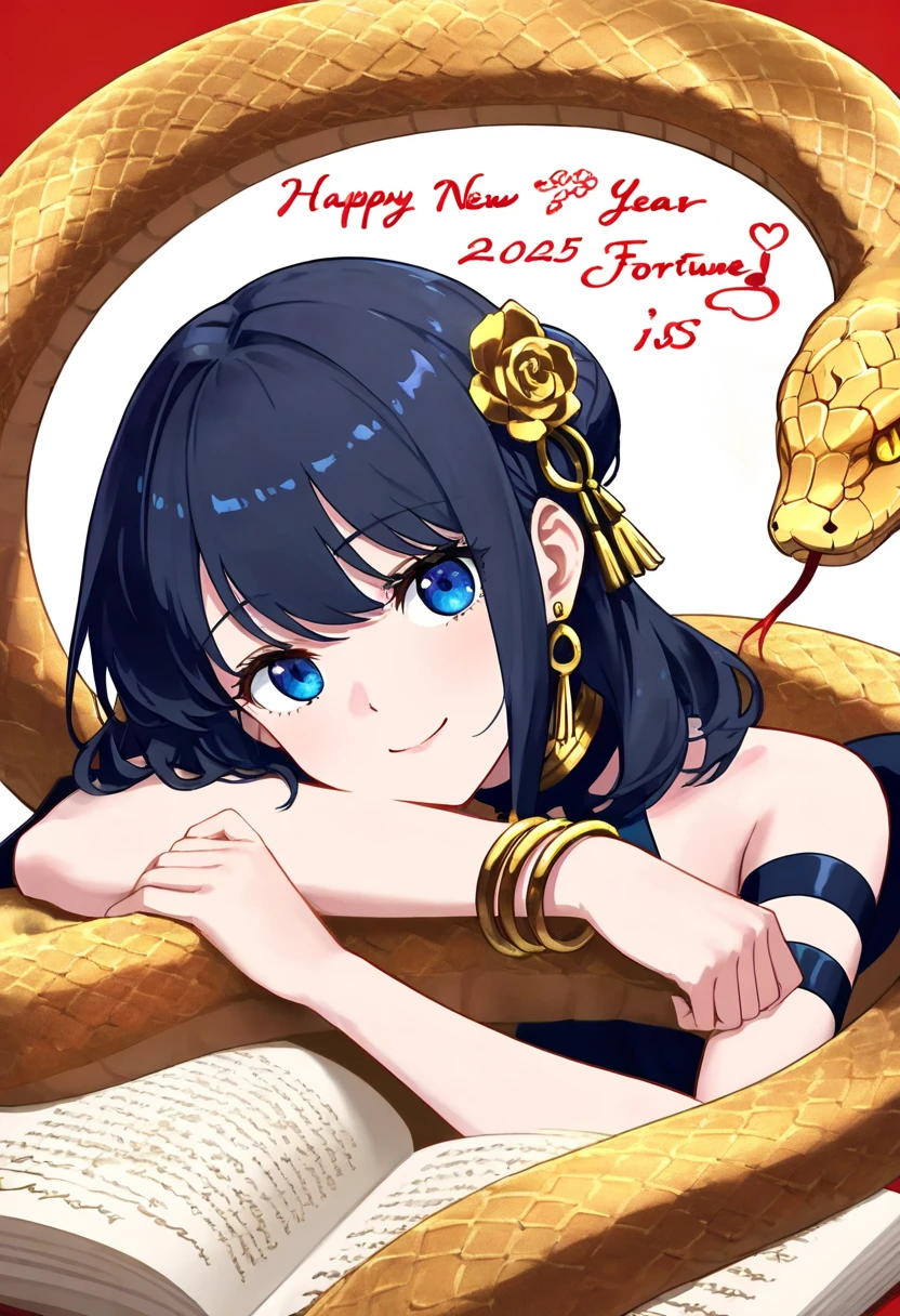 A close-up shot of a golden cyan snake coiling around itself, its vibrant color evoking prosperity and good fortune. Beside the serpent, a youthful girl with porcelain-like skin and piercing blue eyes stands confidently against a crisp white background. Above, bold golden text glows, reading 'Happy New Year 2025' in elegant cursive, casting a warm ambiance.