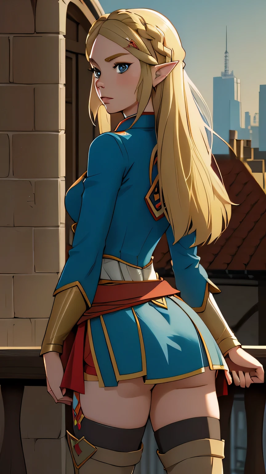 Anime girl. blonde hair. blue eyes. wind blown hair. evening. outdoors. nudity. medium breasts. kneeling. arms above head. sultry smile. Princess Zelda
