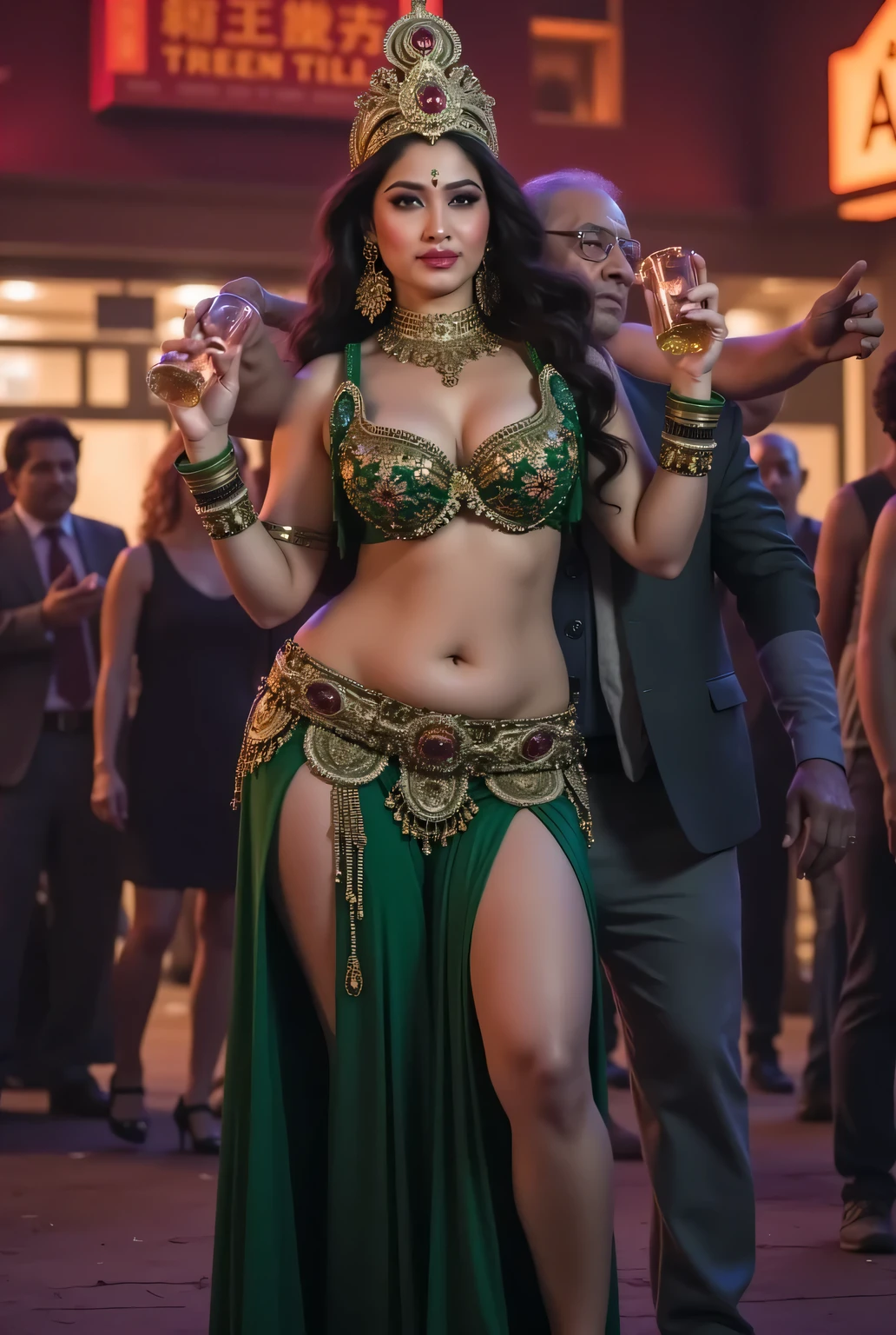 Beautiful curvy indian goddess Durga in sexy dress, six hands, huge breast, fat ass, smoking cigarette, alcohol, in crowded place, a oldman hugging and kissing her from behind.
