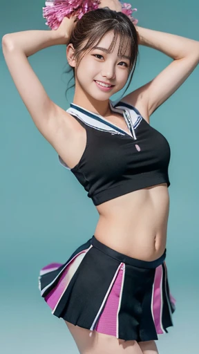 masterpiece, highest quality,(12 year old Japan girl:1.5),(I feel like crying:1.3) ,garden,Focus from behind,Face facing the viewer,(hairpin:1.8),Red volleyball player uniform,Brown eyes,(small:1.7),(Smooth straight hair:1.5),(Slender body,Thin legs),Detailed eyes,Very white skin,Let your bangs down,Detailed body,,Detailed hands,No makeup, Whole Body Ezbian, smile,Smiling and showing white teeth,(Small Tits:1.3),flower,,Thin bare legs,Indoor volleyball court,bright
