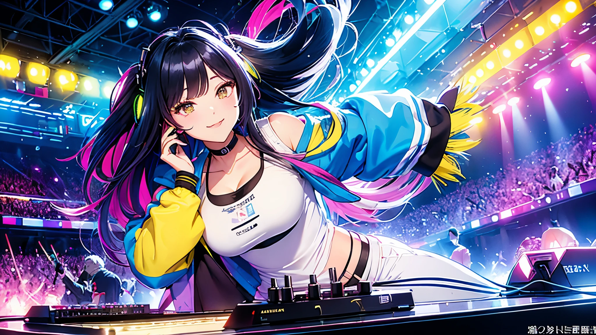 ( Masterpiece, ultra detail , clear focus , shadow, super high resolution , 8k, perfectionな解剖学, perfect face, ( detailed face ), ( detailed eyes ), highlights on her eyes Best Quality 、I'm wearing yellow street sneaker-like shoes with silver decorations、blunt bangs, no stray hair、 DARK BLUE HAIR 、 semi-long hair、double eyelids、 yellow eyes、 cool woman with white skin 、One person、Around 25 years old、smile、F cup breasts、About 170 cm tall 、 is constricted、Beautiful, shiny hair、She is wearing a dark blue varsity jacket,Wearing a white t-shirt as an inner layer 、 wearing gray sweatpants 、、a necklaceを身に着けている、night、The angle of view is the entire body from front to head to feet、DJ girl dancing、 bird view 、Overhead camera work、 slender、 colorful headphones, biology,thunder, Neon glow, beauty, Futuristic modern , rockスター, rock, urgent, perfection, Spectacular, bright color, volume lighting , Best Shadow, shallow depth of field ,, colorful illustration , gorgeous , magic , Flicker, glare, neon garland , complicated details, very detailed、woman、A turntable full of laughter、mixer、 sampling machine 、Rhythm Box、mixer,synthesizer、Stage Live Background、 spotlight from behind