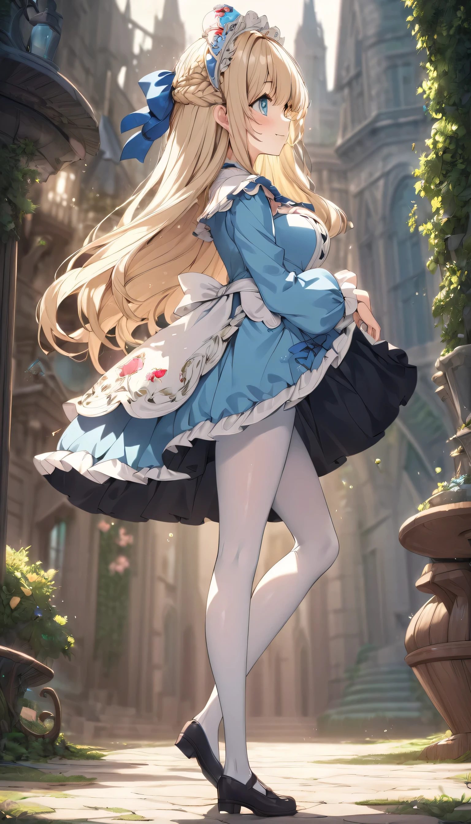 ((ultra-detailed)), (highly detailed CG illustration), (best quality:1.2), ultra-highly detailed, colorful composition, artistic photoshoot, 1girl, solo focus, ((full body shot:1.4)), moe anime character, age girl, dainty facial structure, (baby face), (round face), ((rounded chin:1.2)), ((ideal ratio body proportions)), celia-default, celia claire, alice, alice_in_wonderland, (blue eyes), sparkle eyes, blonde hair color, long hair, ((big blue ribbon on the head, Alice in Wonderland style)), ample breasts, white apron, blue dress, white pantyhose, slightly surprised look, outdoor, trump cards glowing and fluttering, best quality, masterpiece, floating in wonderland, from side, expecting, pink cheek, blush, light pink gloss slip, portrait, depth of field, soft lighting, sidelighting, (shine), lighting, caustics, ray tracing, smile, perfect face, lustrous skin, highly detailed face, highly detailed eyes, perfect face, perfect nose, perfect hair, perfect eyes, perfect anatomy, beautiful hair, beautiful small face, extremely detailed face, beautiful detailed eyes, beautiful clavicle, beautiful body, beautiful huge breasts, leavage, breasts squeezed together, equalize the size of the left and right breasts, beautiful thin thighs, beautiful legs, beautiful fingers, 4 fingers, 1 thumb, lovely, (very detailed background:1.0), (highly detailed background:1.0), colorful aesthetic, intricate details, mysterious atmosphere, colorful palette, chromatic aberration