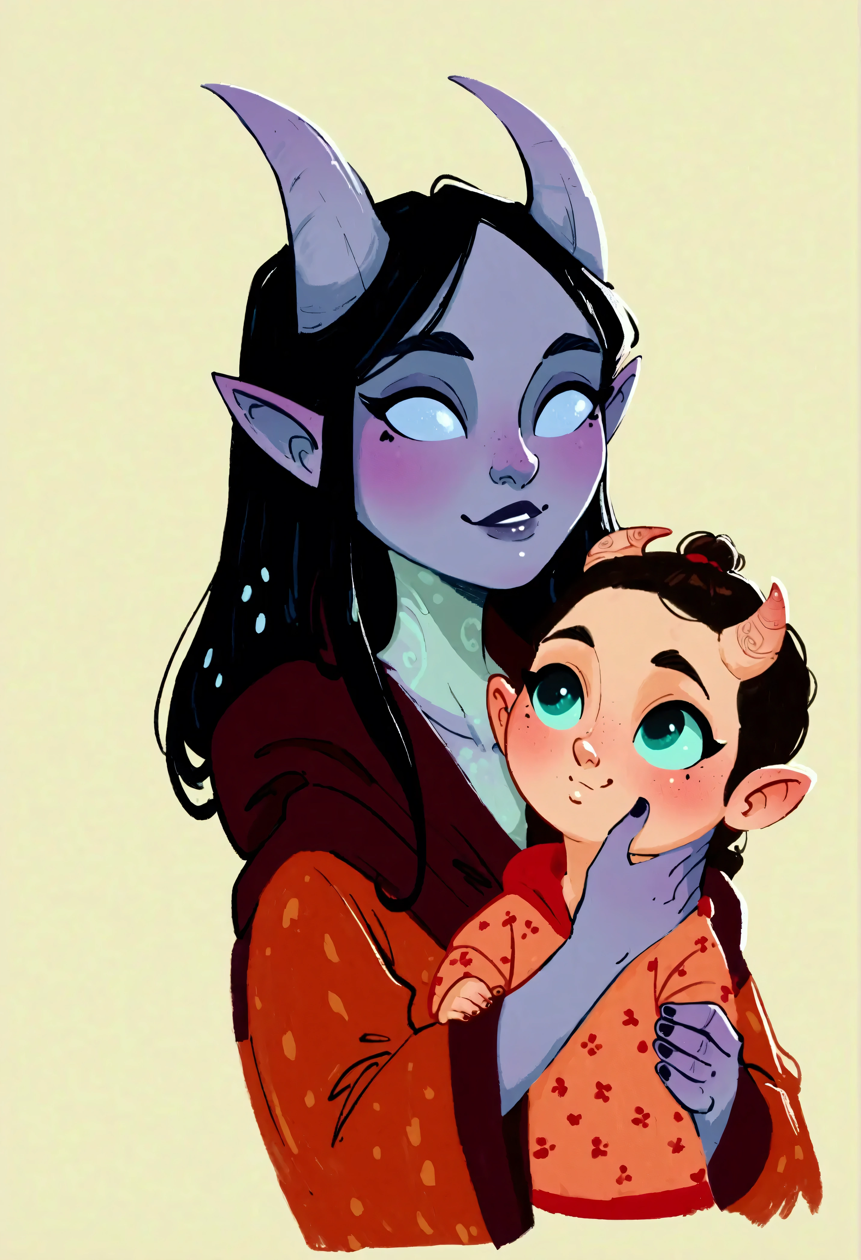 score_9, score_8_up, score_7_up, score_6_up, sw4p, a cute Tiefling, tiny tiefling horns, tiefling tail, simple background, hood, tender scene, msmln style