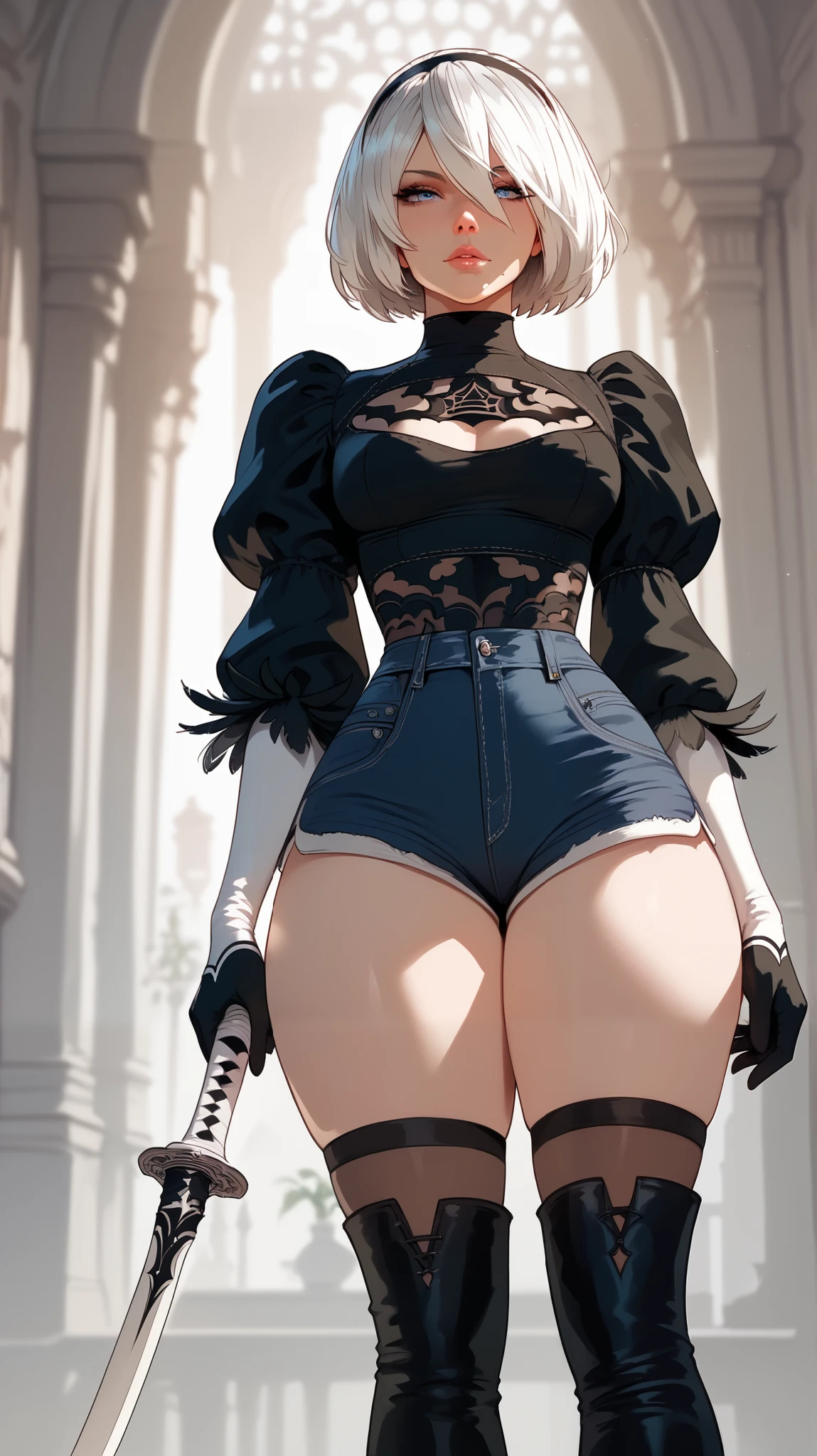 Masterpiece, best quality, Nier 2B, perfect detailed eyes, perfect face, inside abandoned building, (SFW), shot from back, perfect hands
