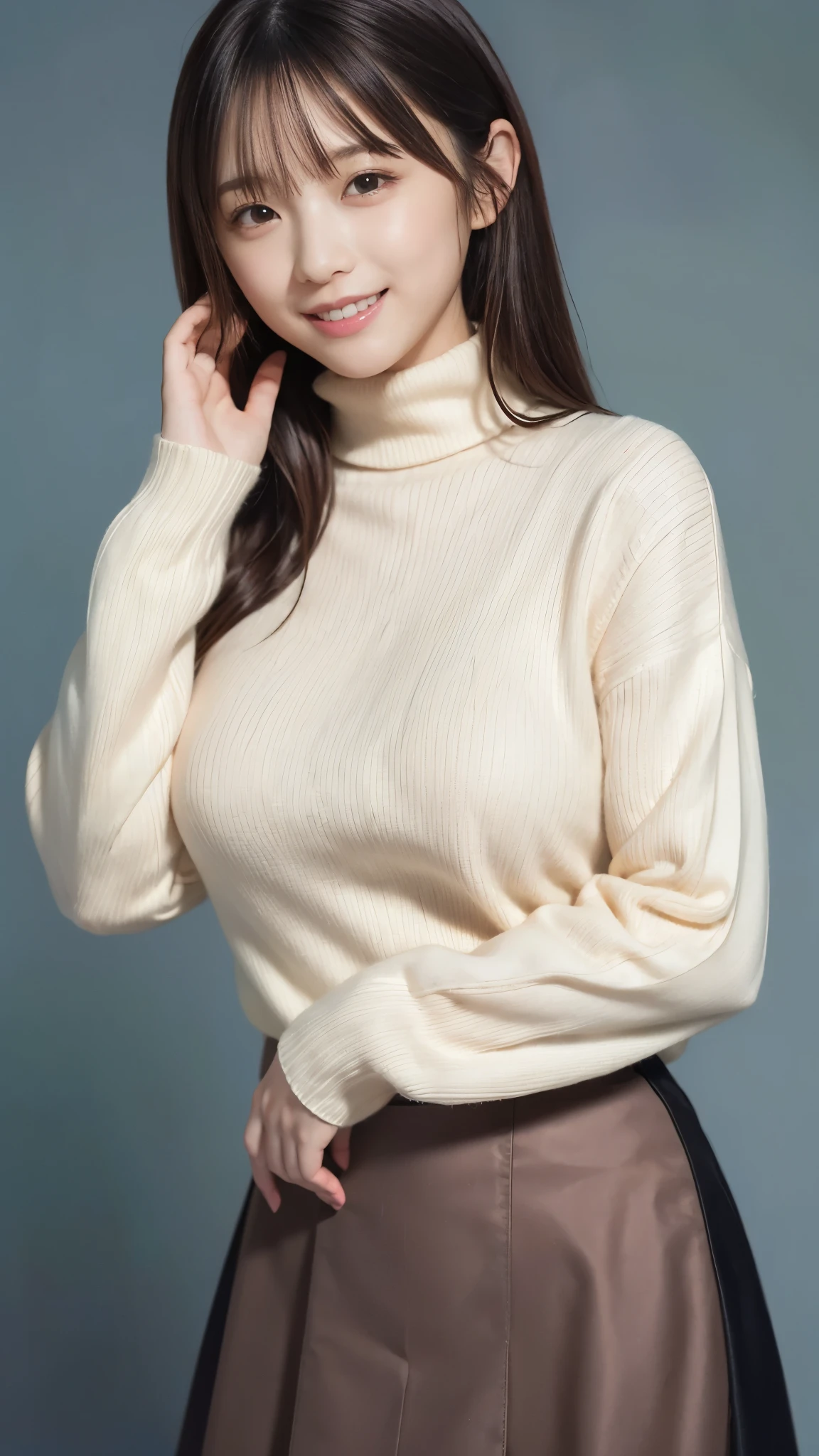 best quality,masterpiece, super high resolution, high-definition RAW color photo, professional photography, natural skin texture, fine skin, hyperrealism, smiles,gigantic breasts, dark blonde long hair,gray turtleneck sweater,( Chester Court, long flare skirt),minimal background