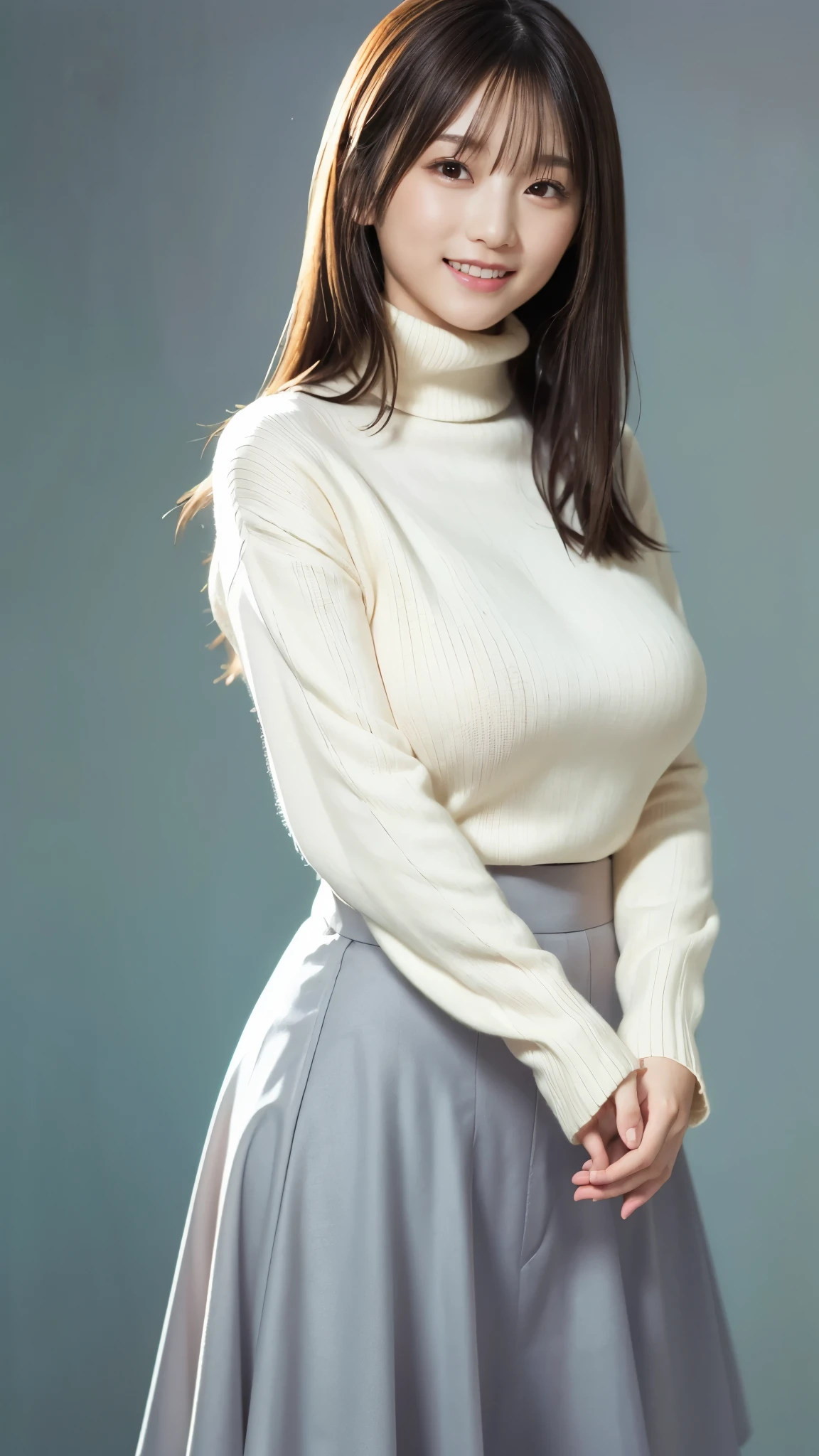 best quality,masterpiece, super high resolution, high-definition RAW color photo, professional photography, natural skin texture, fine skin, hyperrealism, smiles,gigantic breasts, dark blonde long hair,gray turtleneck sweater,( Chester Court, long flare skirt),minimal background