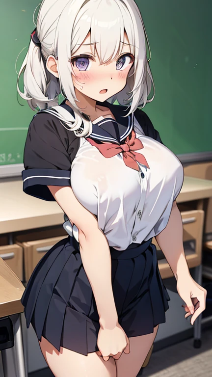 "(masterpiece), best quality, 
1girl, gyaru, (80s anime style:1.4), 
(silver hair:1.1), 
(bangs:1.1), (medium hair, two side up:1.1), 
purple eyes, 

(gigantic breasts:1.5), 
(red lip stick, eye shadow:1.1), 
naughty face, open mouth
fur, earrings, neck ribbon, hair ornament, 
school uniform, skirt, midriff peek, 
standing, dynamic pose, 
(cowboy shot:1.1), 
classroom"