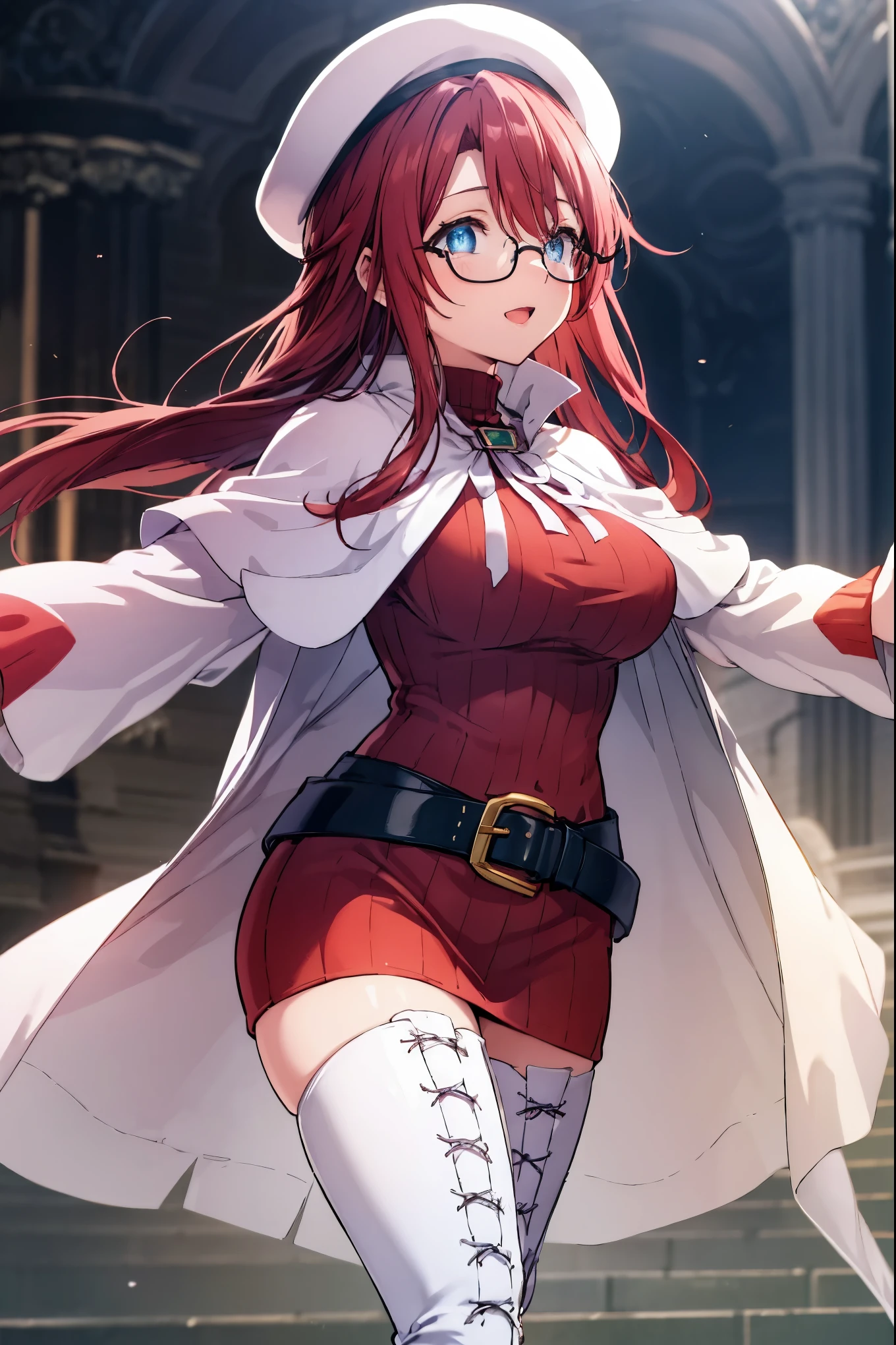summonnightaty, aty, long hair, blue eyes, red hair, beret, hat, glasses,
BREAK long hair, thighhighs, hat, dress, boots, glasses, belt, cape, sweater, zettai ryouiki, beret, thigh boots, white footwear, ribbed sweater, loose belt,,
BREAK outdoors, fantasy_town,
BREAK (masterpiece:1.2), best quality, high resolution, unity 8k wallpaper, (illustration:0.8), (beautiful detailed eyes:1.6), extremely detailed face, perfect lighting, extremely detailed CG, (perfect hands, perfect anatomy),(covered_nipples:1.3),covered_navel,light_smile,dynamic_posing,(half_eyes:1.2),light_open_mouth,sword,armpit