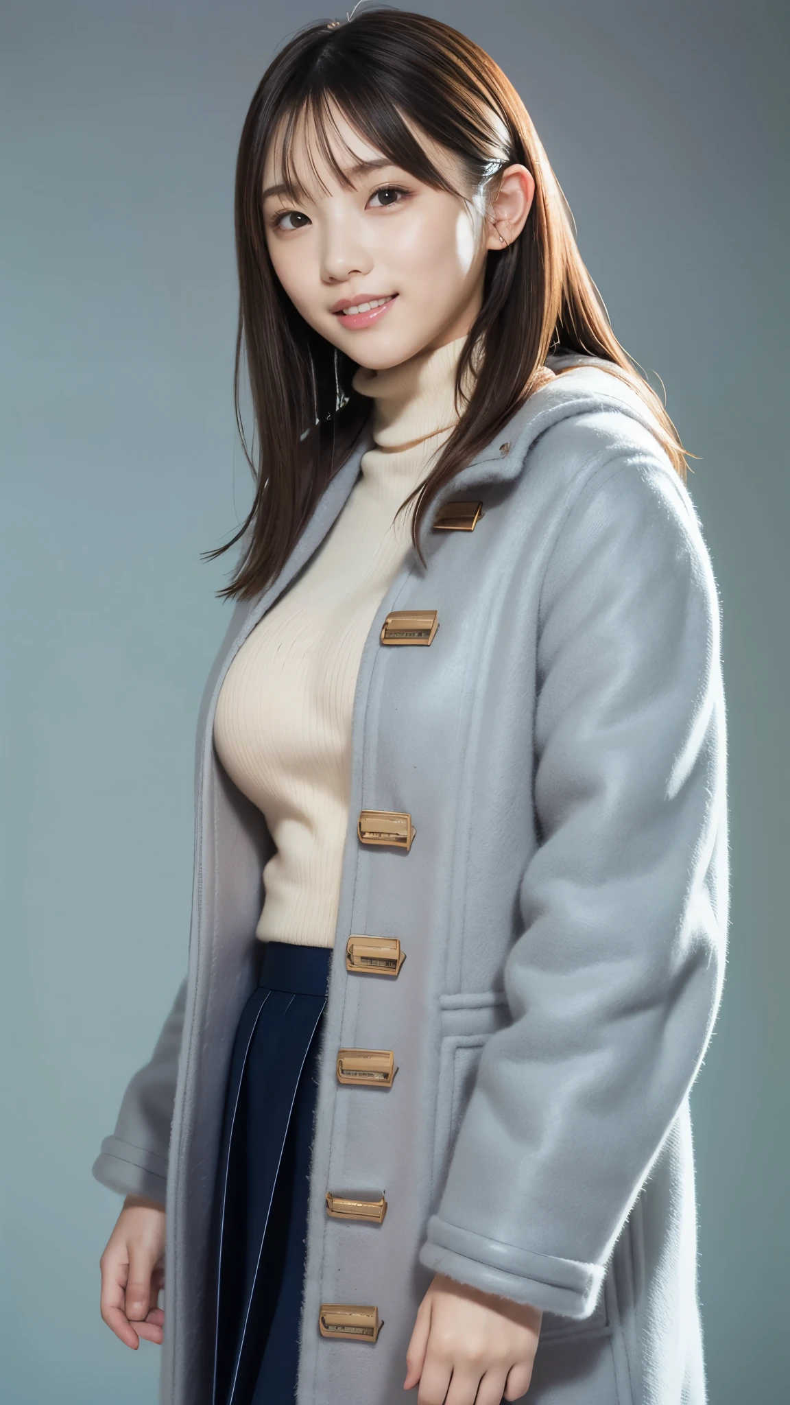 best quality,masterpiece, super high resolution, high-definition RAW color photo, professional photography, natural skin texture, fine skin, hyperrealism, smiles,(gigantic breasts), dark blonde long hair,gray turtleneck sweater,( duffle coat, long flare skirt),minimal background