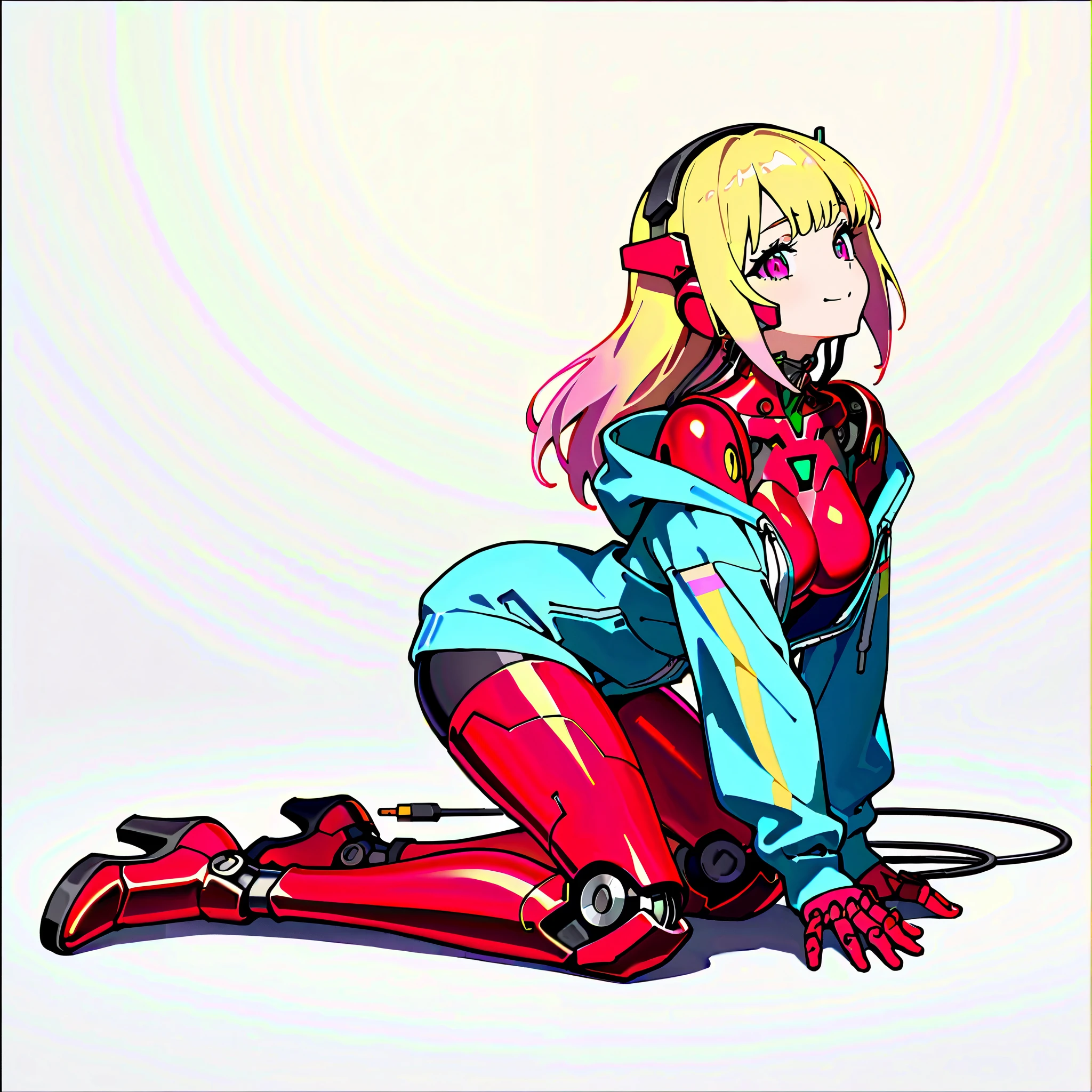 (((masterpiece))), (((Best Quality))), ((Ultra-detailed)), (High Definition anime Illustration), ((extremely delicate and beautiful)),((1 mechanical girl)),solo, Full body, Long hair,(Machine-made joints:1.2),((mechanical limbs)),(blood vessels connected to tube mechanical vertebra attaching to the back),((mechanical cervical attaching to neck)),A smile,(wires and cables attaching to neck:1.2),(wires and cables on head:1.2)(Character Focus),highly detailed, Colorful, highest details, Cyberpunk hacker girl, Dowdy Hoodie, Long sleeves, Costume based on pink, Chestnut twin-tailed hair, high heels boots, Digital Painting, 8K High Resolution, trend art station, Whole body, Mechanized limbs,(((white background)))