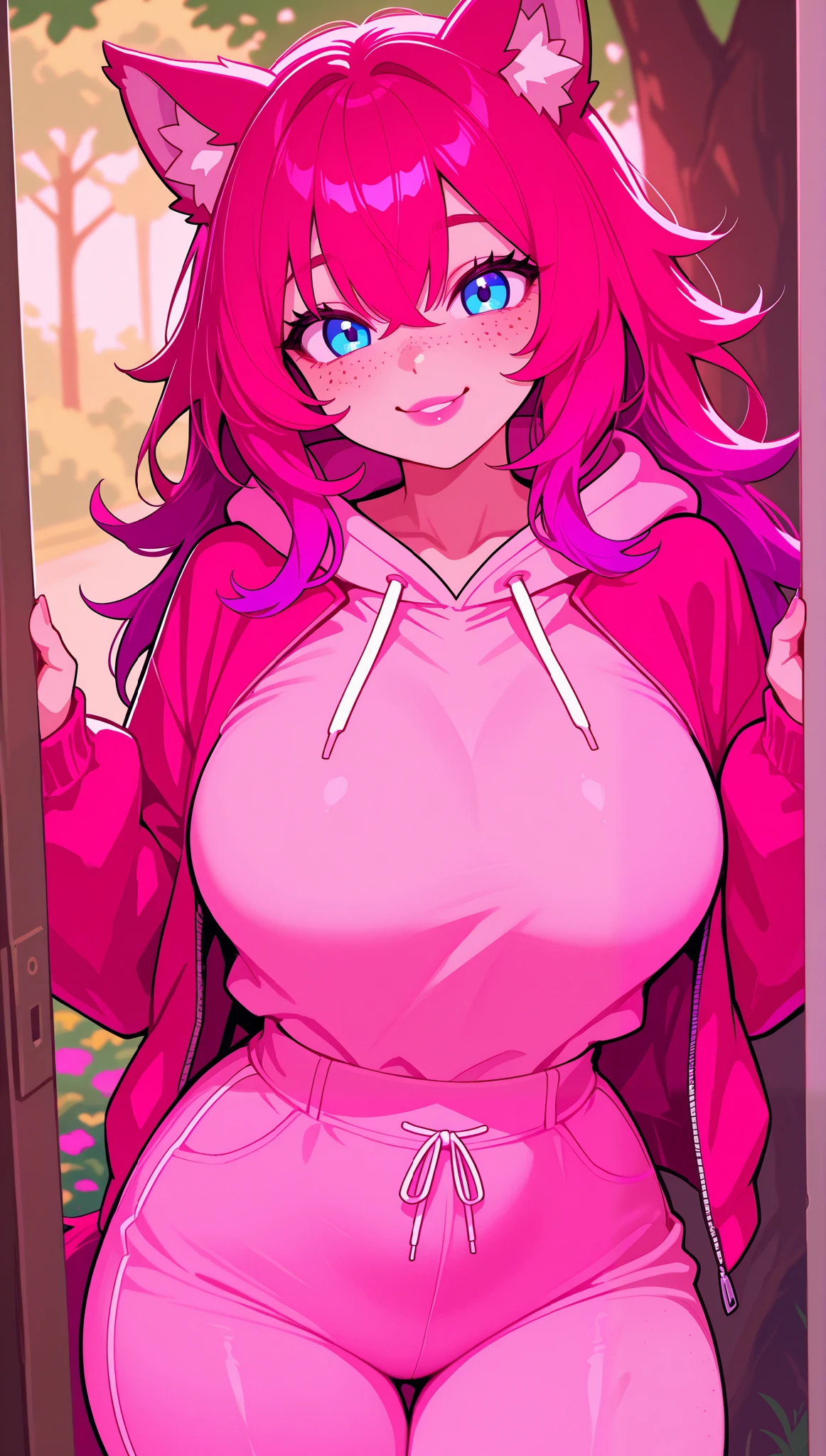 Beautiful round big breasts, 1girl, (( magenta hair, bangs cover the eyes)) ((wolf girl, cute girl face)) light blue eyes, has an beautiful sensual body with freckles, with Beautiful breasts and thin waist, HIP HOP Beautiful and cute beautiful and cute jacket, hoodie, short legging, has a bold appearance. young, quality, HENTAI, best quality, cute expression, pink lipstick lips, Cute smile, front of beautiful house, tree and flowers