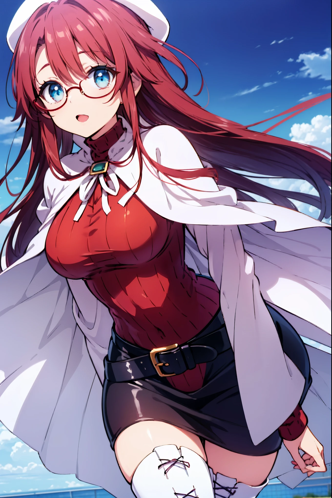 One Girl、Red Hair、long hair、Hair between the eyes、Blue Eyes、Big Breasts、Huge breasts、Glasses、Red turtleneck sweater、Cape、beret、Upper Body、Smiling、Watching the audience、blue sky、horizontal line、Angle from below、Hair blowing in the wind、
