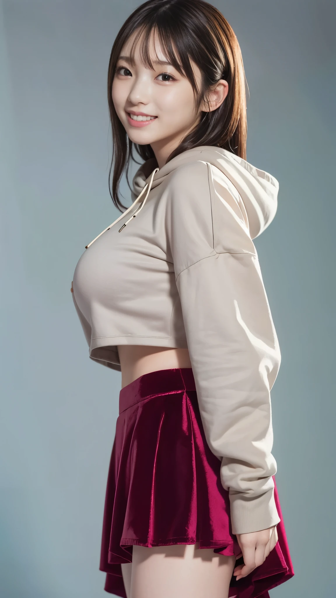 best quality,masterpiece, super high resolution, high-definition RAW color photo, professional photography, natural skin texture , fine skin, hyperrealism, smiles,(gigantic breasts), dark blonde long hair,gray hoodie , velvet long flare skirt,minimal background ,from side