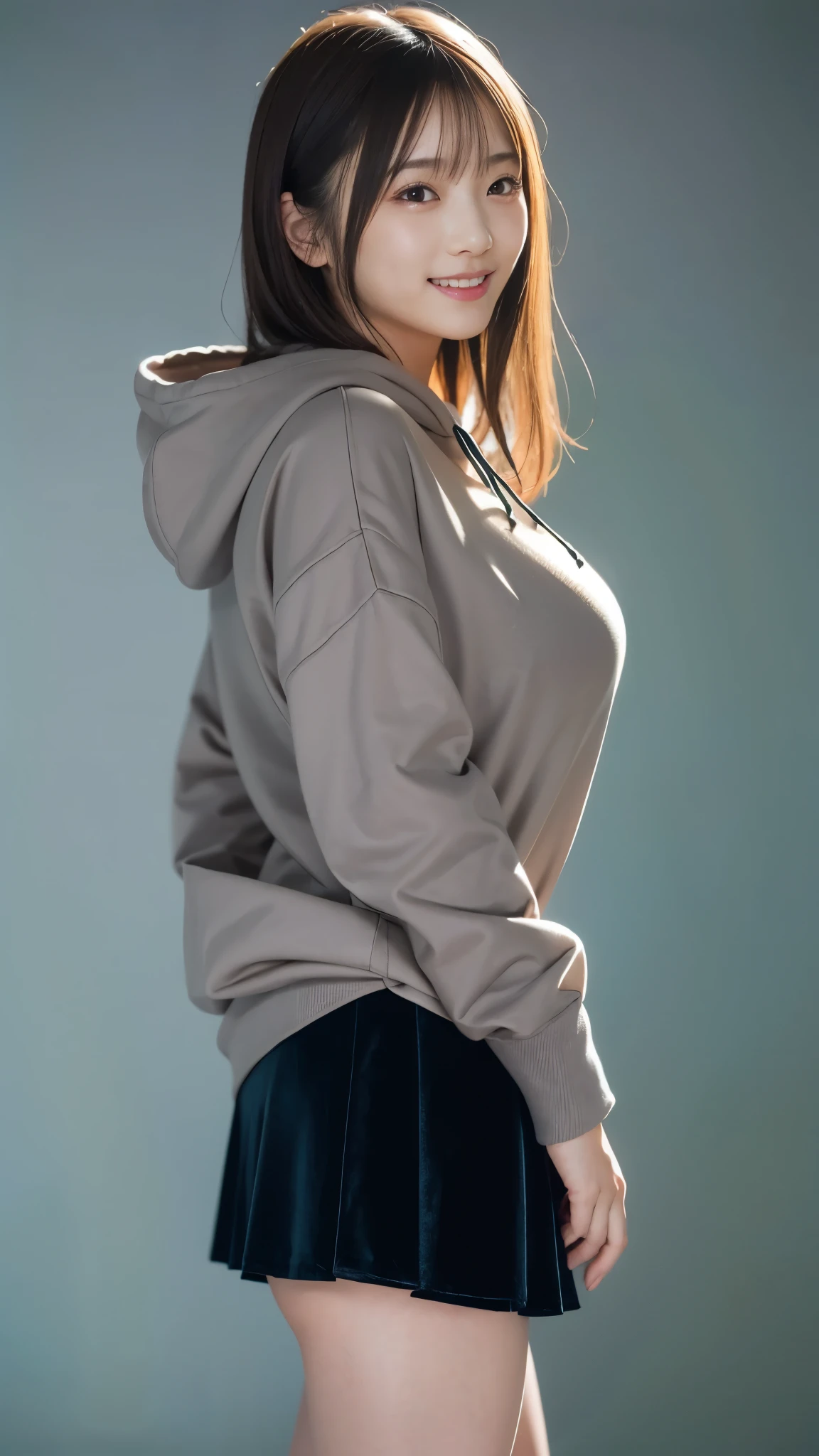 best quality,masterpiece, super high resolution, high-definition RAW color photo, professional photography, natural skin texture, fine skin, hyperrealism, smiles,(gigantic breasts), dark blonde long hair,gray hoodie , velvet long flare skirt,minimal background ,from side