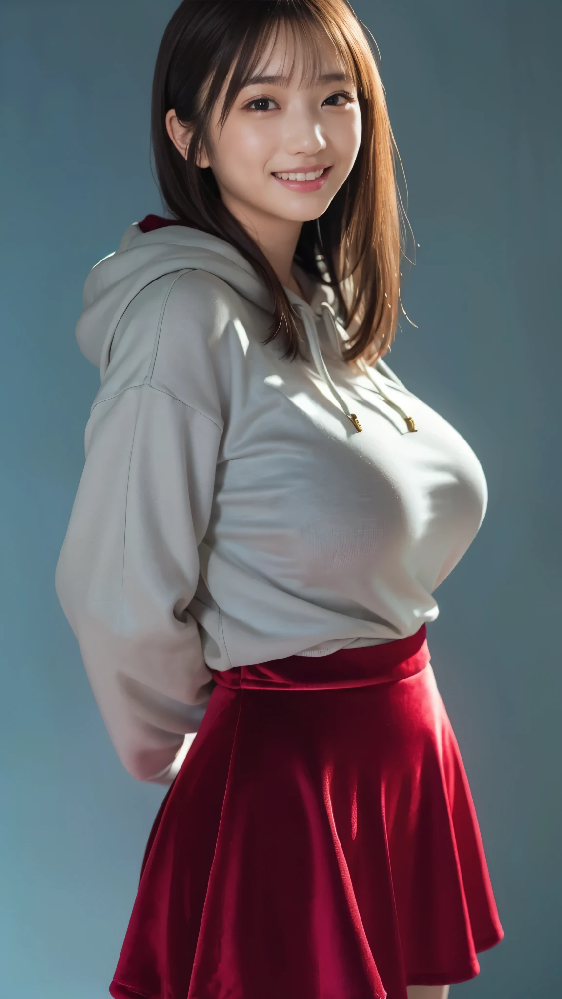 best quality,masterpiece, super high resolution, high-definition RAW color photo, professional photography, natural skin texture, fine skin, hyperrealism, smiles,(gigantic breasts), dark blonde long hair,gray hoodie , velvet long flare skirt,minimal background ,