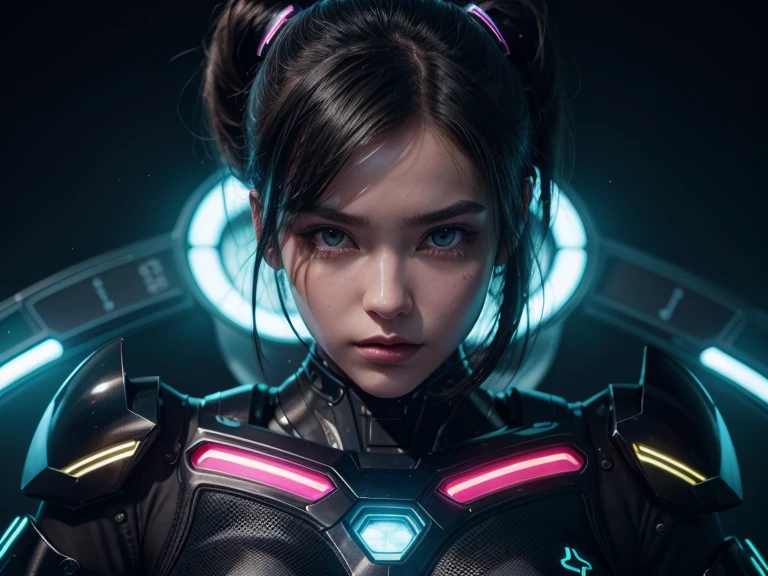 (8k, 4k, melhor qualidade, highres, ultra alta res:1.1), (anime:1.1), 1girl, rosto, close-up, olhos castanhos, cabelo curto, long eyeslashes, sombra, rosto pequeno, olhos grandes, cyberpunk, Action Pose