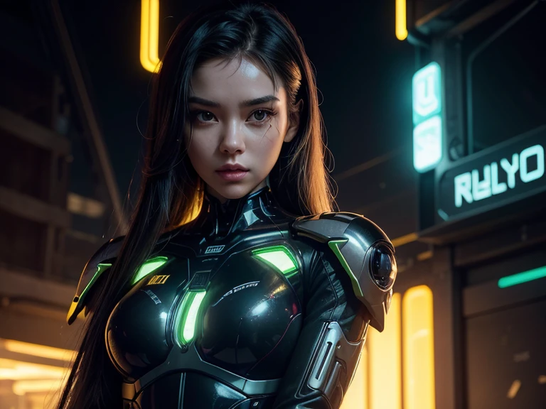 Highest image quality, outstanding details, ultra-high resolution, (realism: 1.4), the best illustration, favor details, highly condensed 1girl, with a delicate and beautiful face, dressed in a black and green mecha, wearing a mecha helmet, holding a directional controller, riding on a motorcycle, the background is a high-tech lighting scene of the future city. surreal illustration, surreal rendering, clean digital rendering, photo realistic rendering, product design concept, surreal illustration