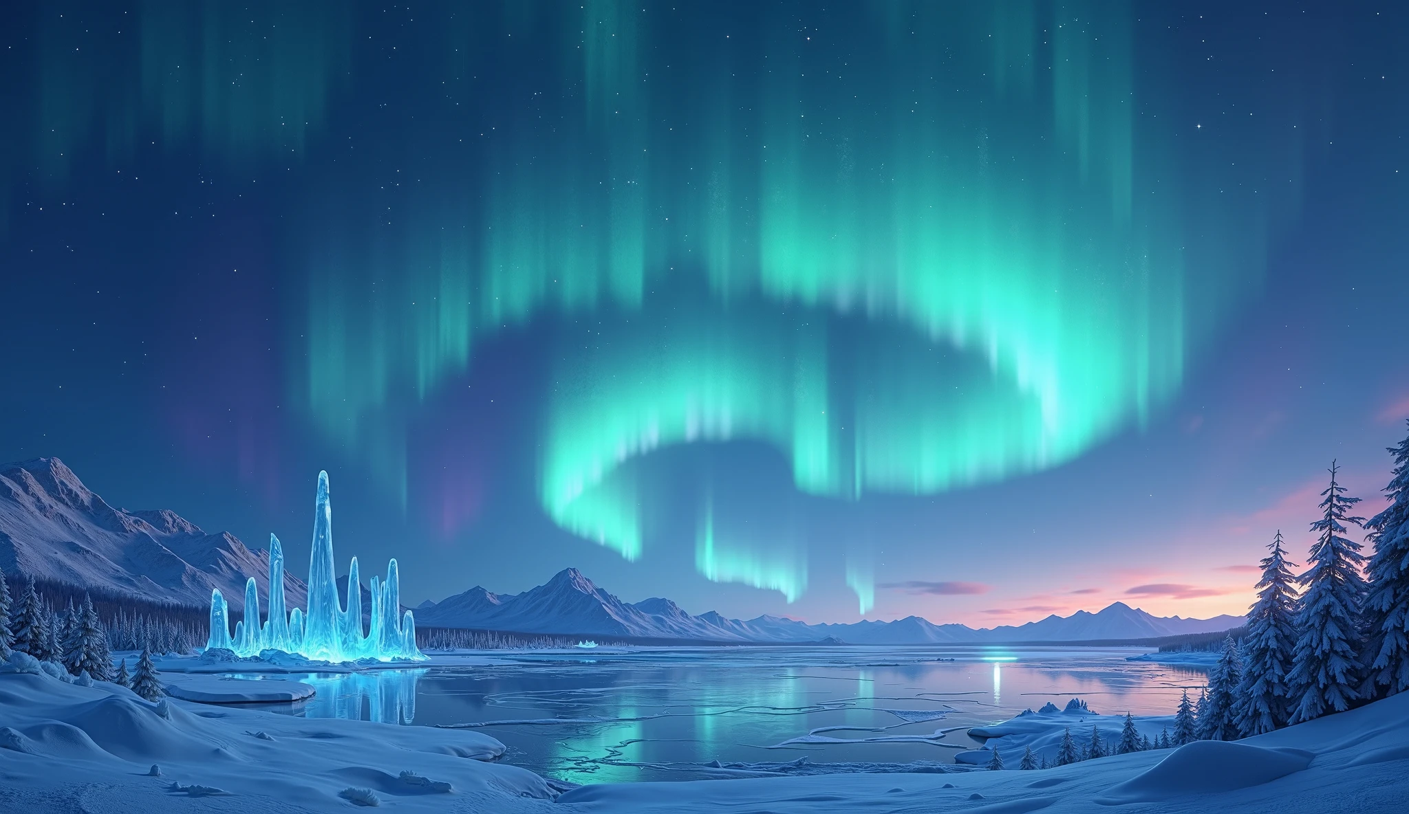 Aurora bore over a frozen lake with a mountain in the background ...