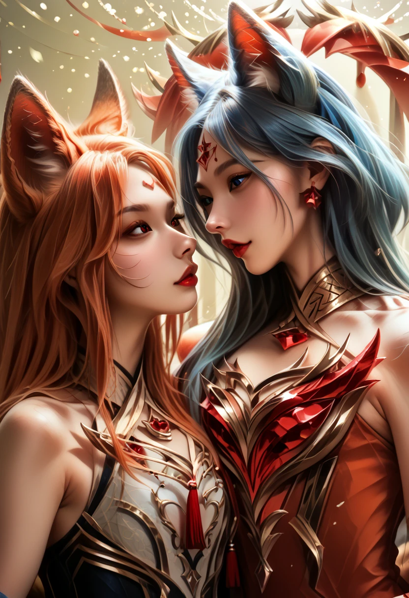 Fundo escuro com uma fenrir mulher ruiva a direita, uma fenrir mulher morena com cabelos prateados a esquerda, vestidas com roupas de maga mostrando a barriga e pernas,Signaling hands to the center down, gathering powers to make a blue fireball spell, Medium-sized, chamas azuis saindo da esfera e indo como vento,  passing with pieces of blue flames, mostrando o corpo por inteiro.