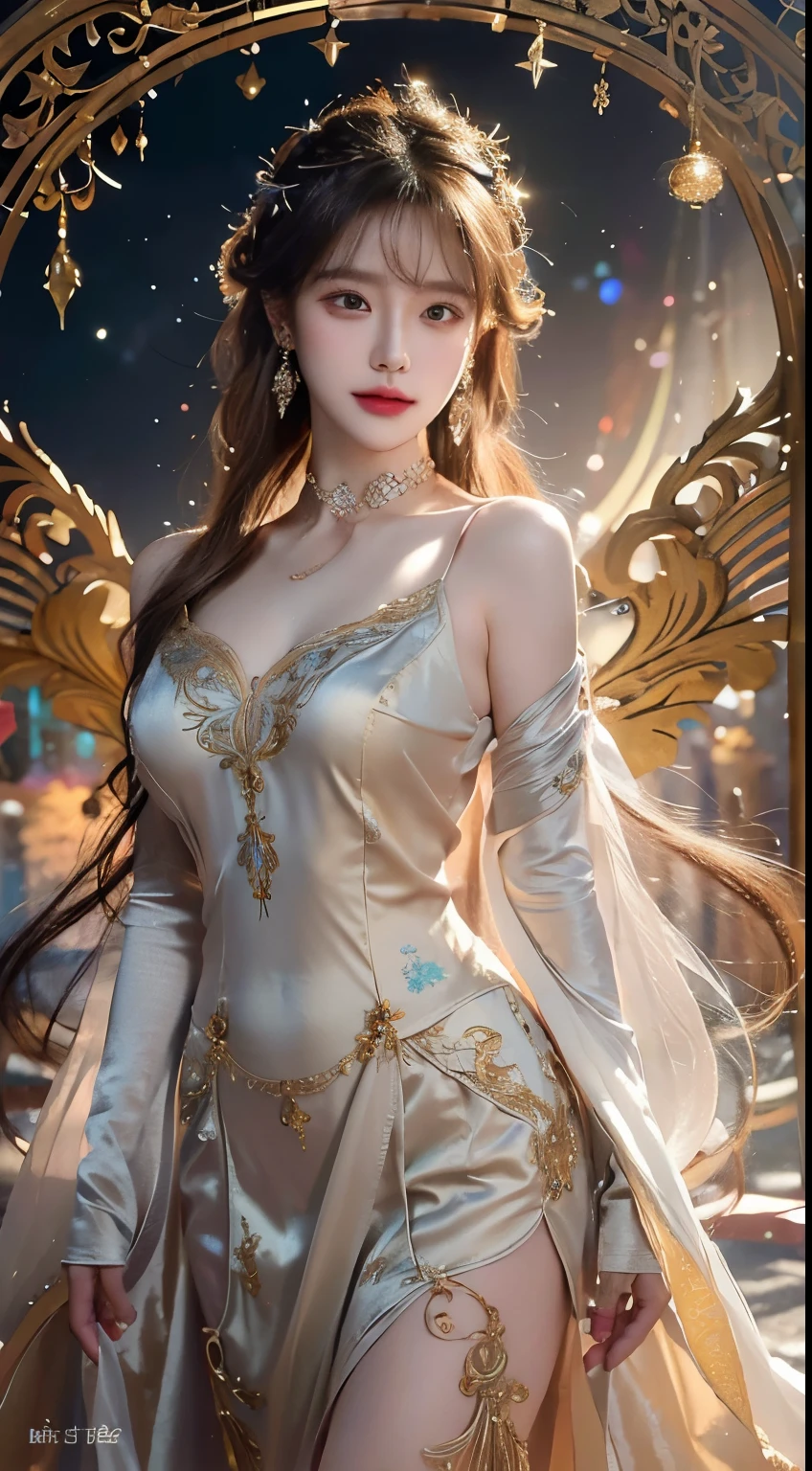 Against an illuminated background, fractal colored in the colors of the rainbow and blurred by a sparkling aura of magic and grace, a beautiful girl, 23 years old, long, light, curly and flowing hair, perfect and detailed face, clear and penetrating eyes, Intricate earrings and choker, delicate and gentle flower. hair. This digital painting captures her ethereal beauty in exquisite detail, from the delicate swirls of her movements, to her long gown of shimmering, iridescent mystical silk, embroidered with intricate, detailed gold threads. Soft colors and complex textures bring the mystical figure to life, beckoning viewers into a world of enchantment and wonder. in HD.