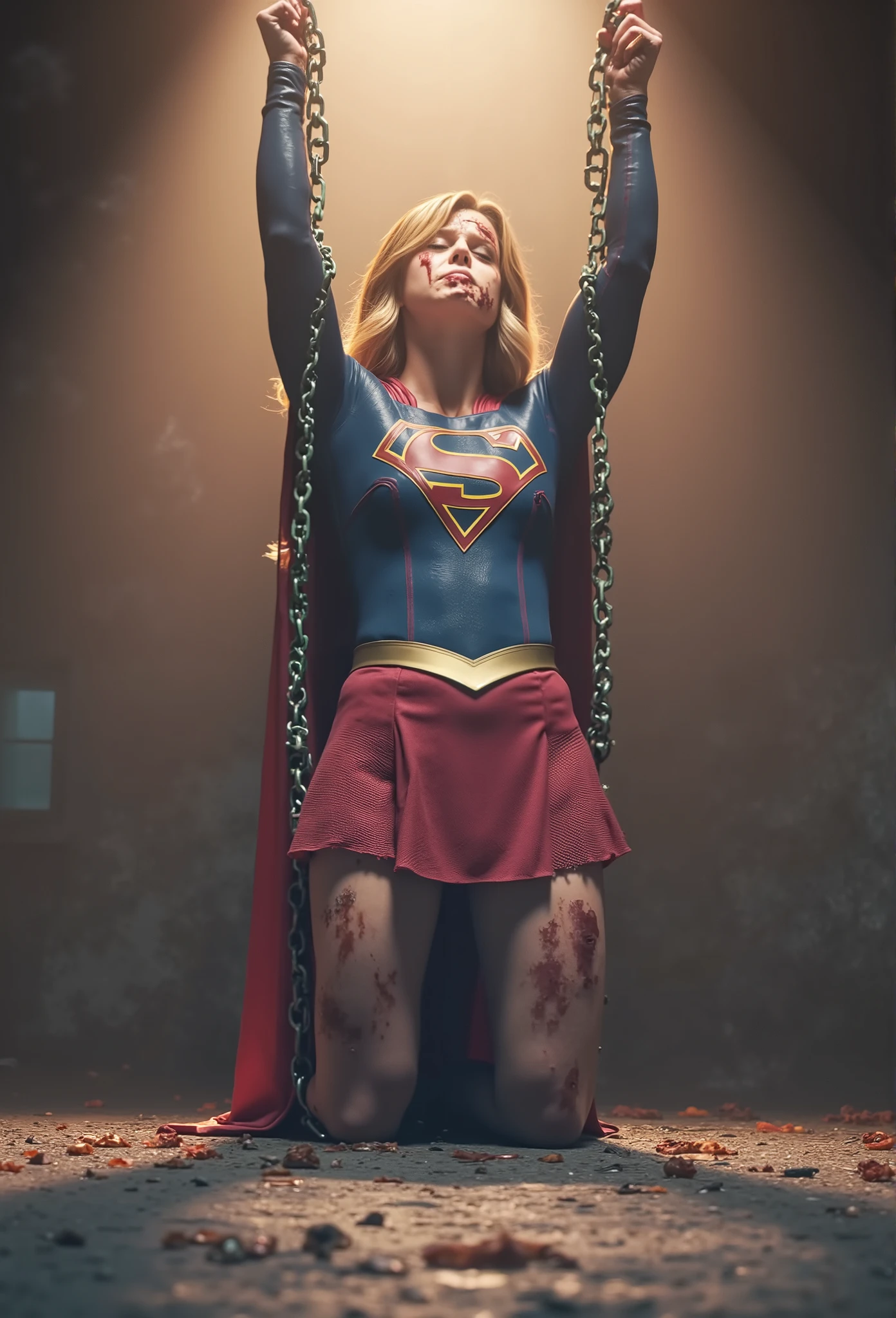 Melissa Benoist as Supergirl, the Supergirl is kneeling and her hands is hanging over her head with chain, she is hanging her wrists to the ceiling with a green lighting chain, chains tied her wrists with ceiling, she is unconscious, eyes close, She is wearing a Supergirl costume with red skirt, pantyhose and red knee height boots, her condition is tired, tattered clothes, screaming in pain, bright spotlight focus to her body, cum on her forehead, cum on her skirt, cum on her thighs, in the cave,