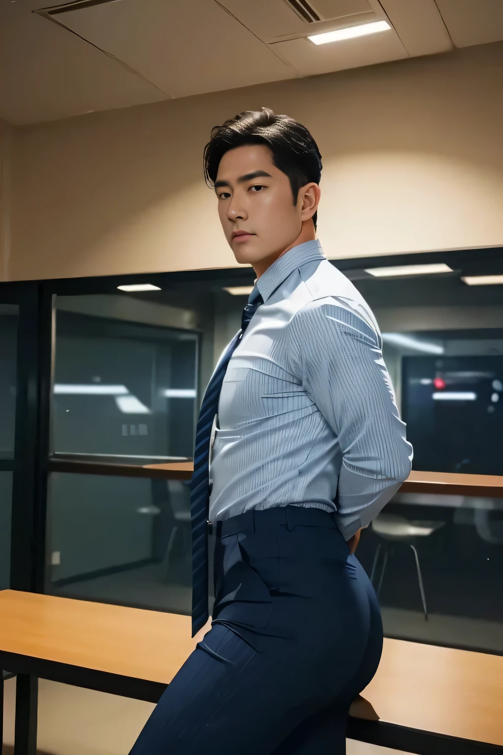 40-year-old boy ,Korean bulky male officer ,Wear navy blue police uniform shirt................ pinstripe navy blue smooth tight trouser, transparent pants obvious underwear print ,((unrealistic super big tight butt wearing pants)), legs wide open, legs on shoulder, missionary POV, men drooling ,8K,Cinematic lighting effects,Textured skin,best qualtiy