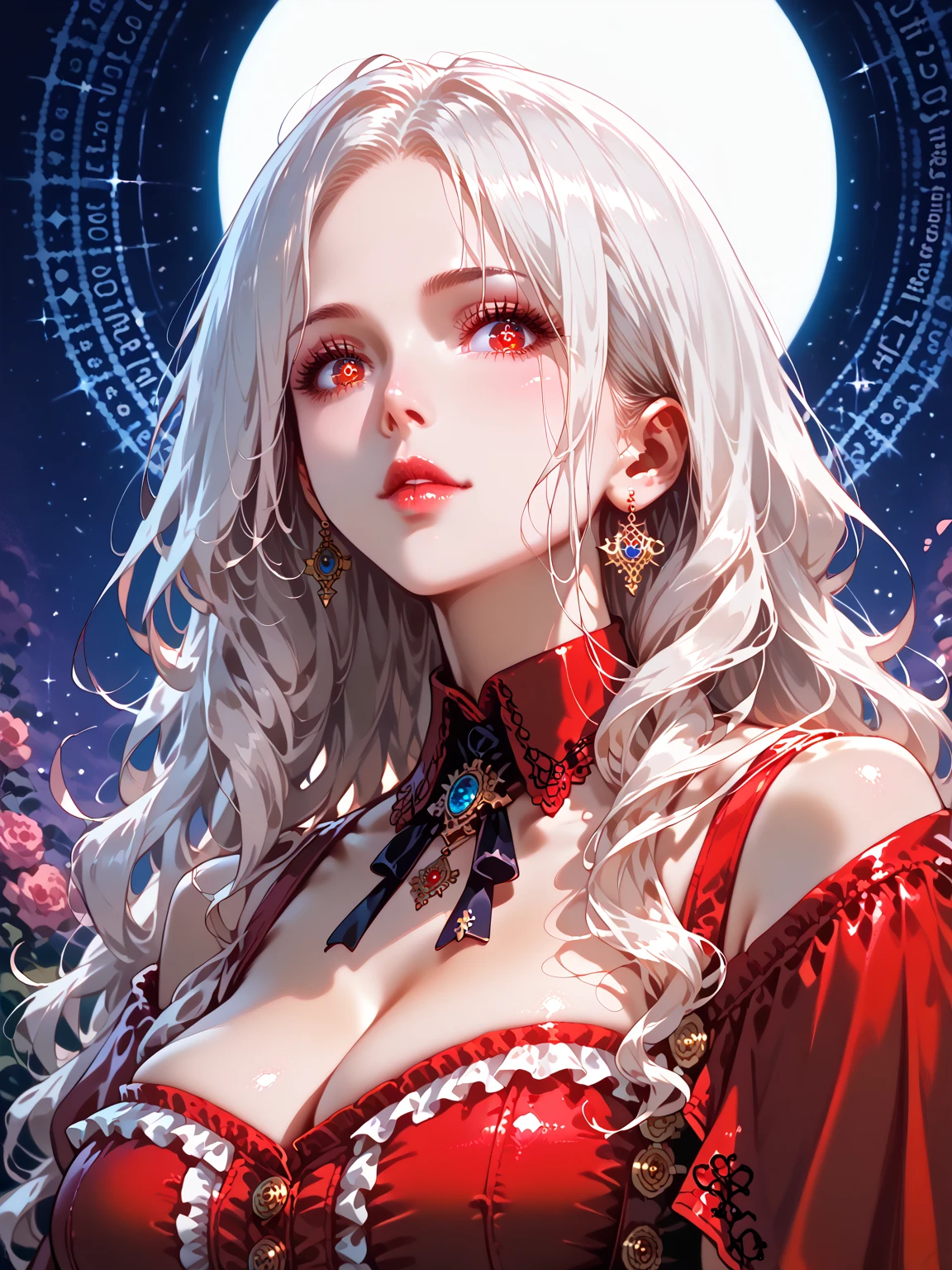 Close-up, looking at the camera, beautiful girl, garlic, flower, (beautiful girl), delicate facial features, detailed portrayal of the corners of the eyes, bust photo, moist lips, sad eyes, long white hair, smooth and delicate skin, ((red clothes)), red long skirt, bare thighs, brilliant and colorful, fantasy art, mysticism, dream scene, dream, dream light, seduction, psychedelic, misty halo, (((night))), ((night)), river bank, full of flowers on the other side, dreamy, flying red tiny petals, Red fluorescent petals, fluorescent flowers, fluorescent flowing water, standing in water, shallow water, master works, extreme detail, dissection correctly, correct limbs, accurate, hud, HD, exquisite details, 8K, red light