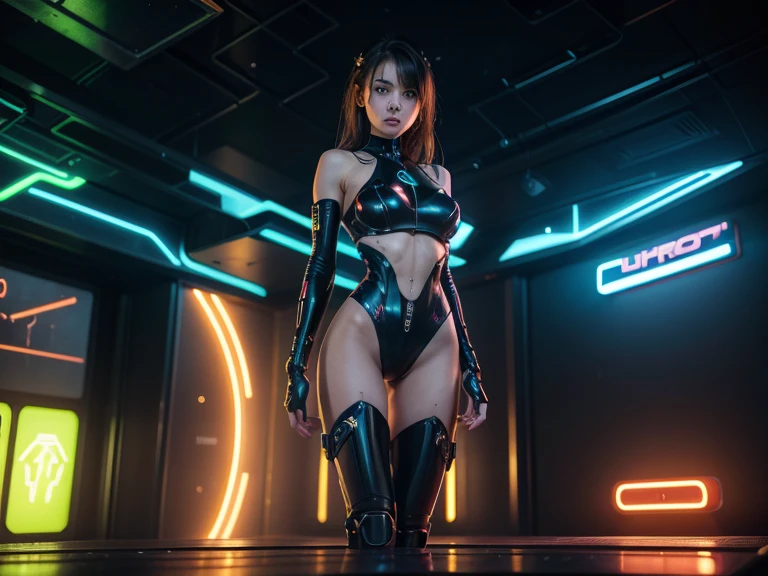 naked girl with sexy figure, cyberpunk style, I stand tall, dressed in neon mesh, against the backdrop of incredibly fantastic alien landscapes, 4k, 8K, Maximum realism, on the body only clothes made of transparent neural mesh and combat implants, emphasizing body lines , Photorealistic graphics, maximum attention to facial quality, HDMI, HD, high quality photo, PHOTO-REALISTIC BODY AND FACE, special attention to detail on the face and body. transparent, high-quality images of the face and body.