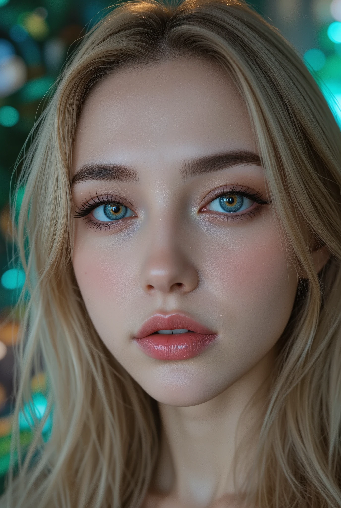 realistic, face, Blonde, blue eyes, long hair, beautiful planet background, beautifully detailed eyes, extremely detailed facial features, flawless skin, shiny iridescent golden eyes, delicate makeup, high-quality 3D render, photorealistic, cinematic lighting, ultra-detailed, 8k, hyperrealistic, vibrant colors, seamless, photograph, Depth of Subject , Bokeh
